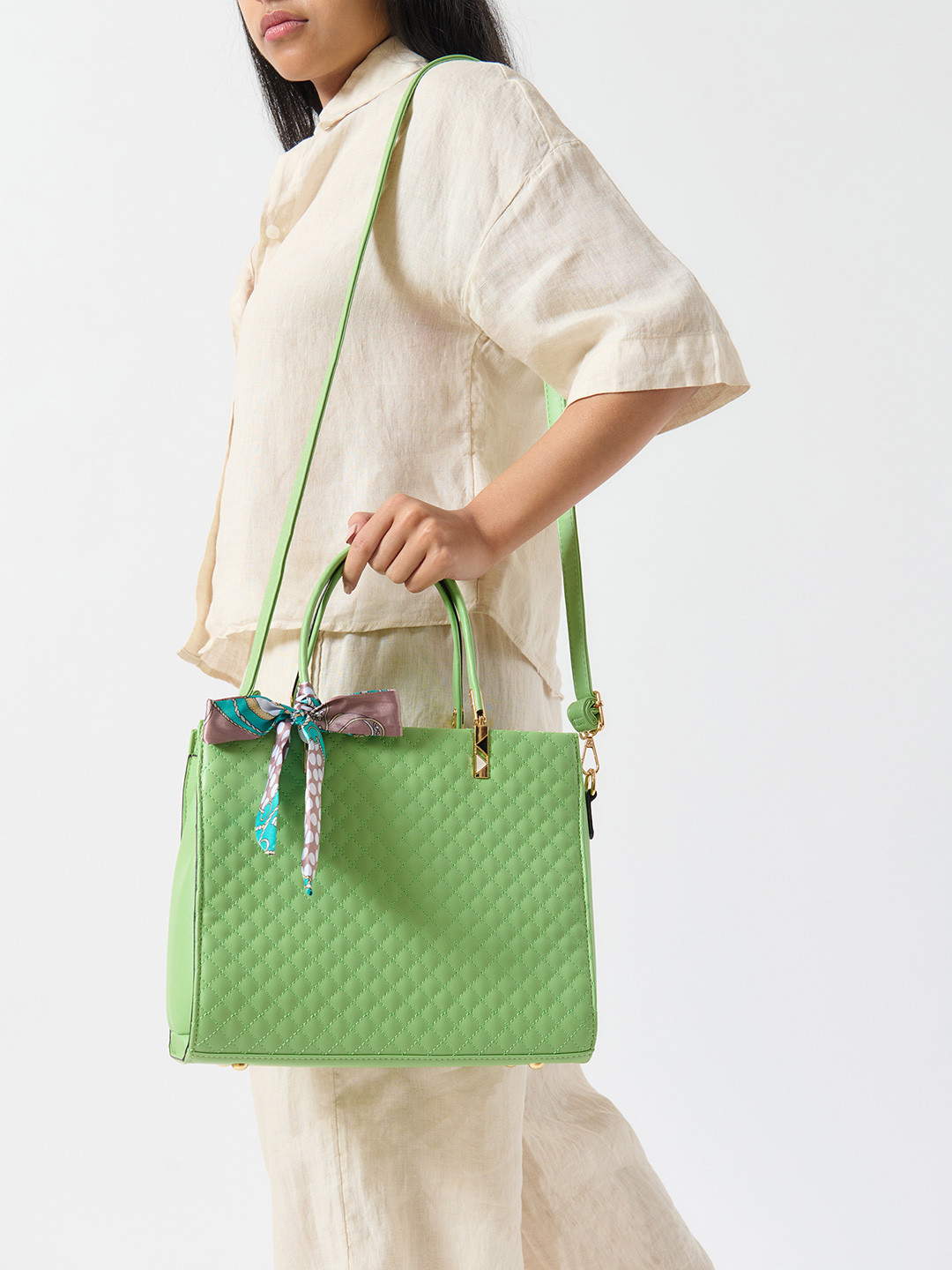 Chumbak Sage Green Quilted Handbag With Scarf