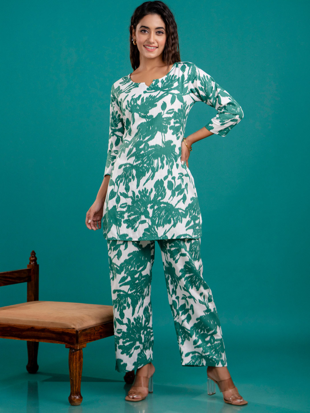 Anouk White Floral Printed Notch Neck Pure Cotton Top And Trouser