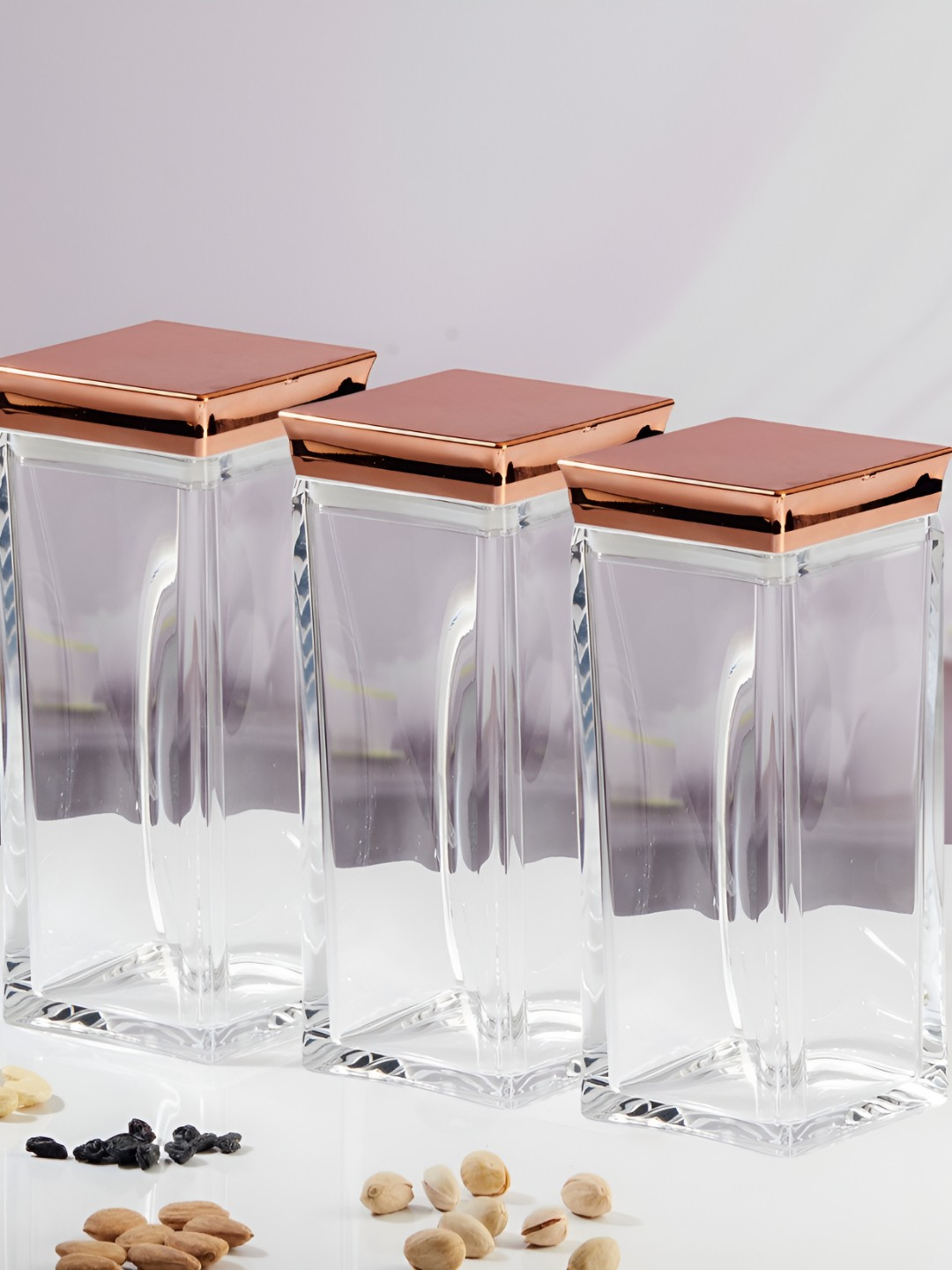 Kookee Transparent & Rose Gold-Toned 3 Pieces Acrylic Easy to Clean Jar Containers 1.5 L