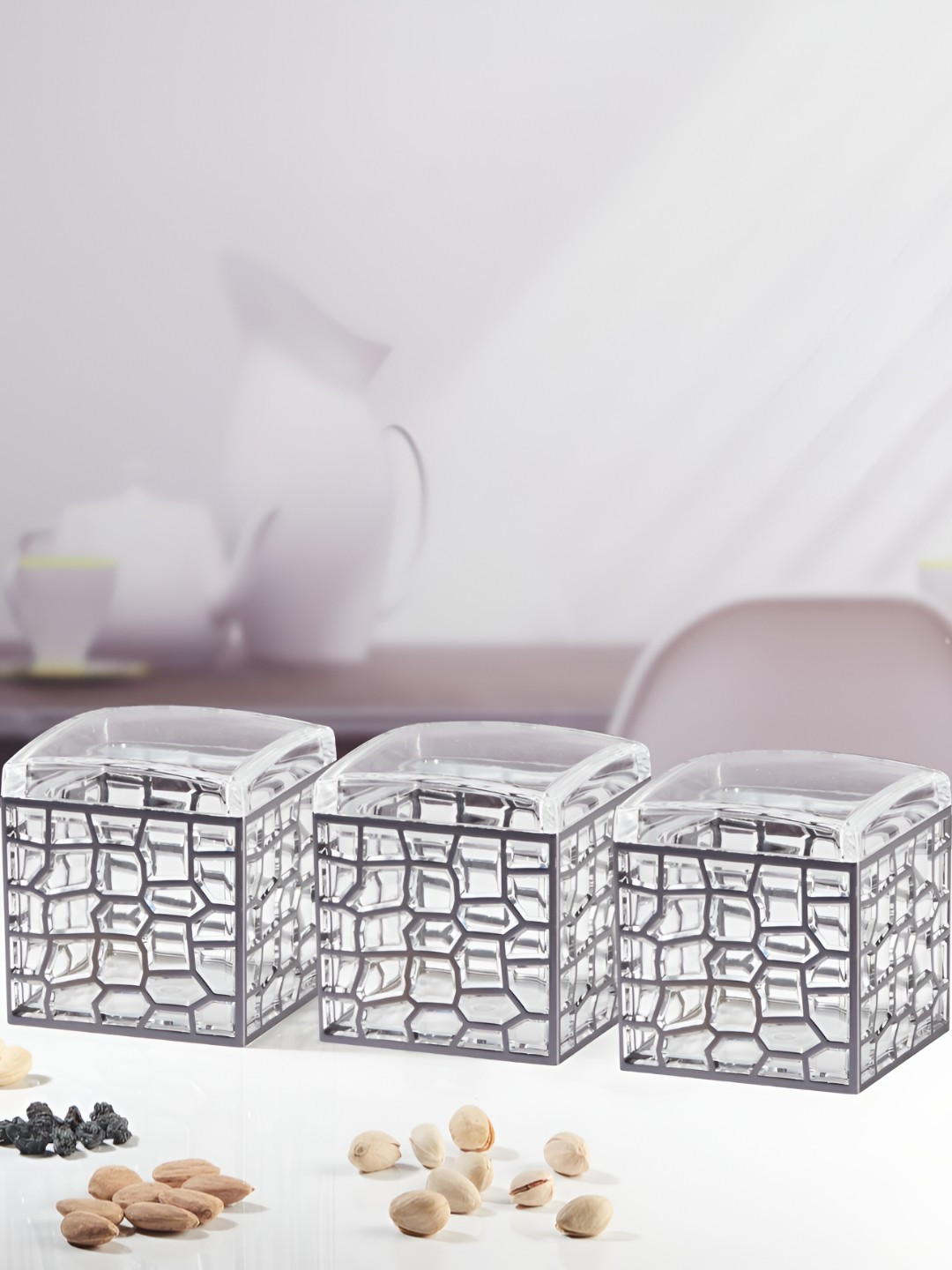 Kookee Transparent 3 Pieces Textured Acrylic Airtight Canister Containers 600 ml Each