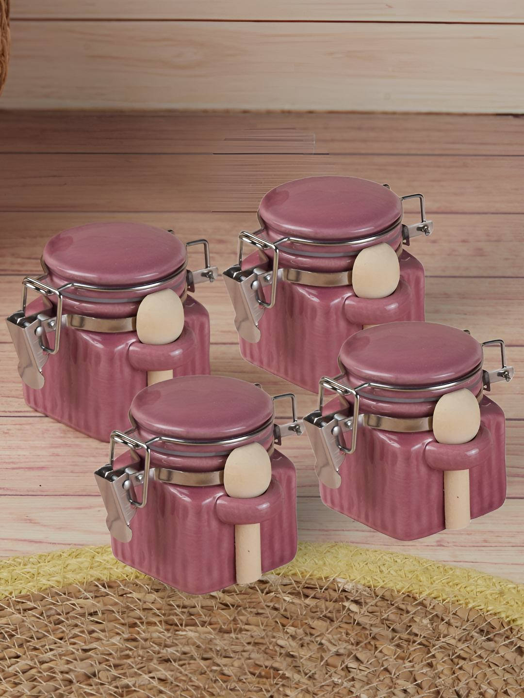 Kookee Pink and Steel 4 Pieces Ceramic Airtight Easy to Clean Canister Containers