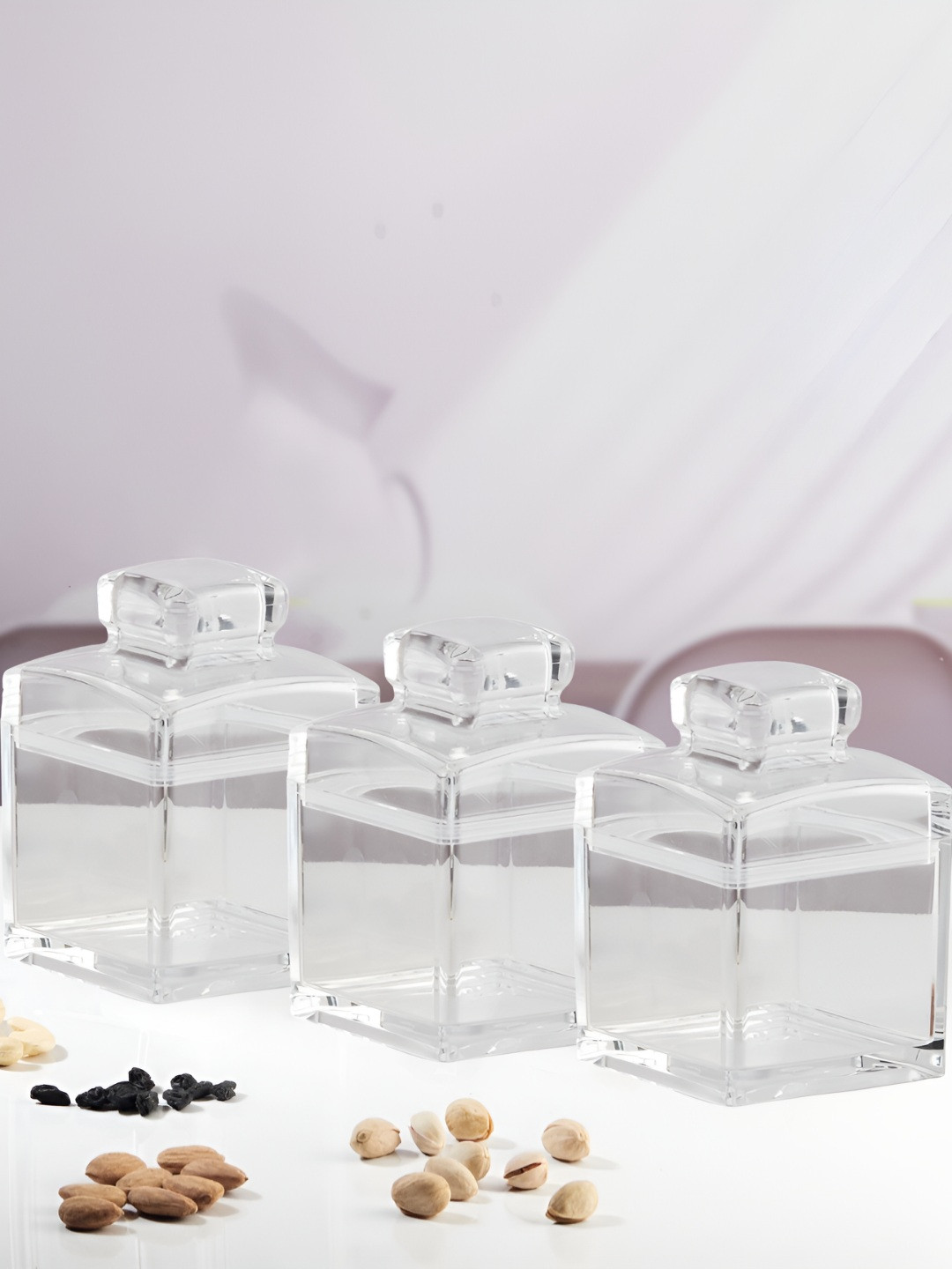 Kookee Transparent 3 Pieces Acrylic Airtight Easy to Clean Canister Containers 320 ml Each