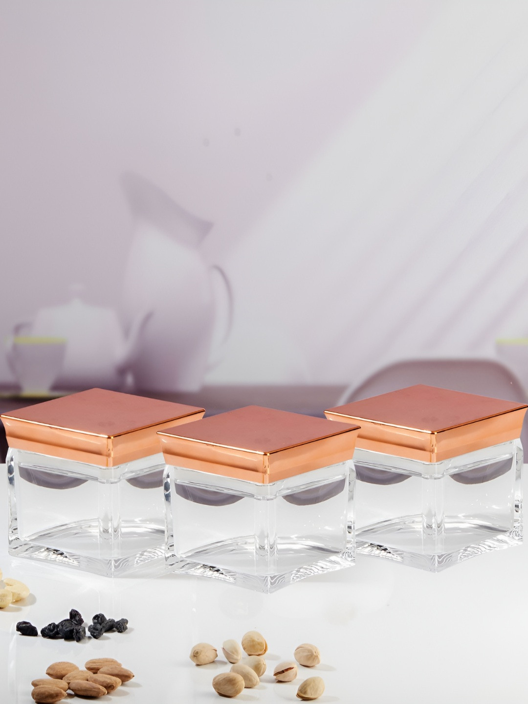 Kookee Transparent & Rose Gold-Toned 3 Pieces Acrylic Easy to Clean Jar Containers 400 ml