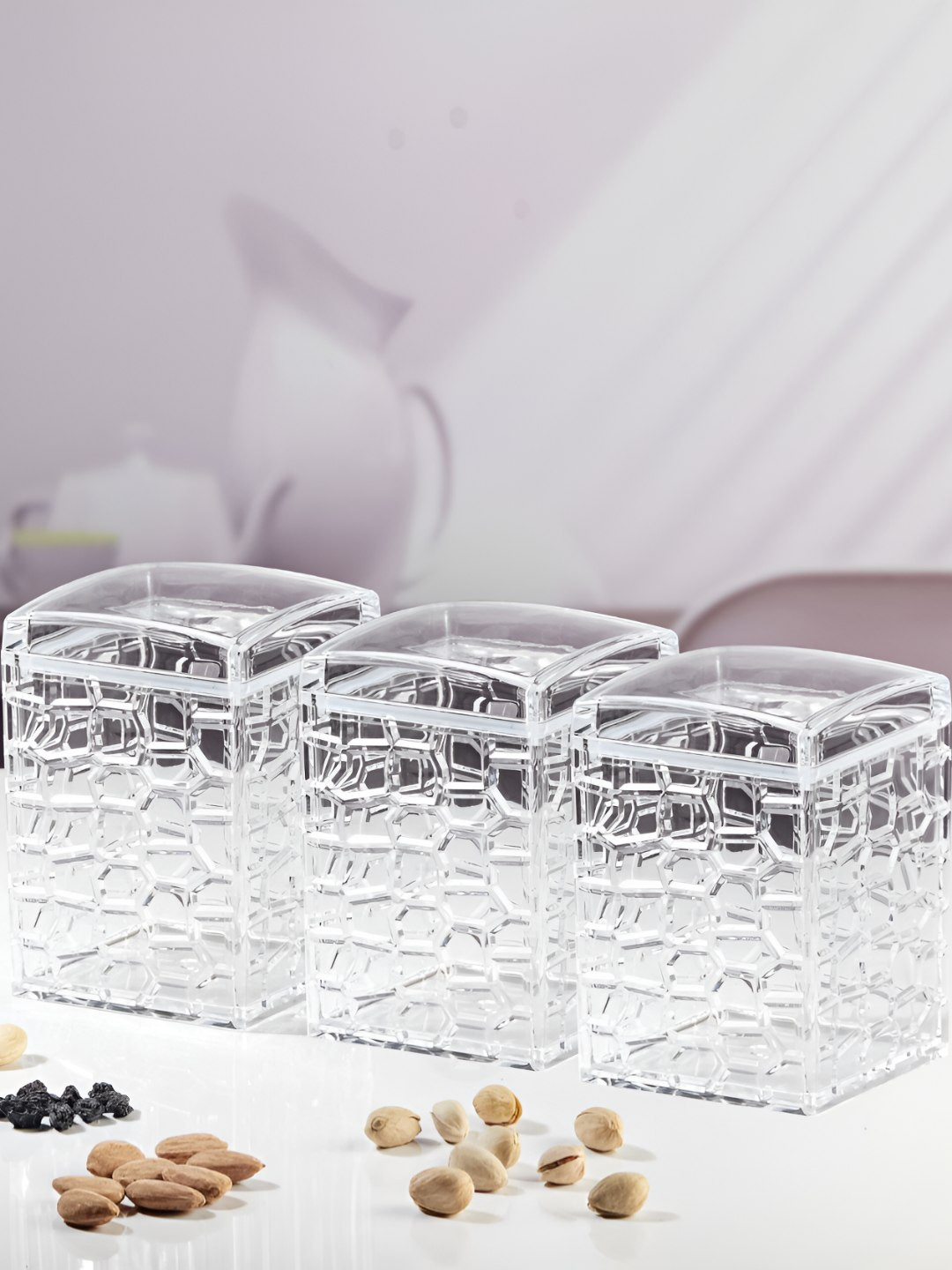 Kookee Transparent 3 Pieces Textured Plastic Easy To Clean Canister Container 900ml