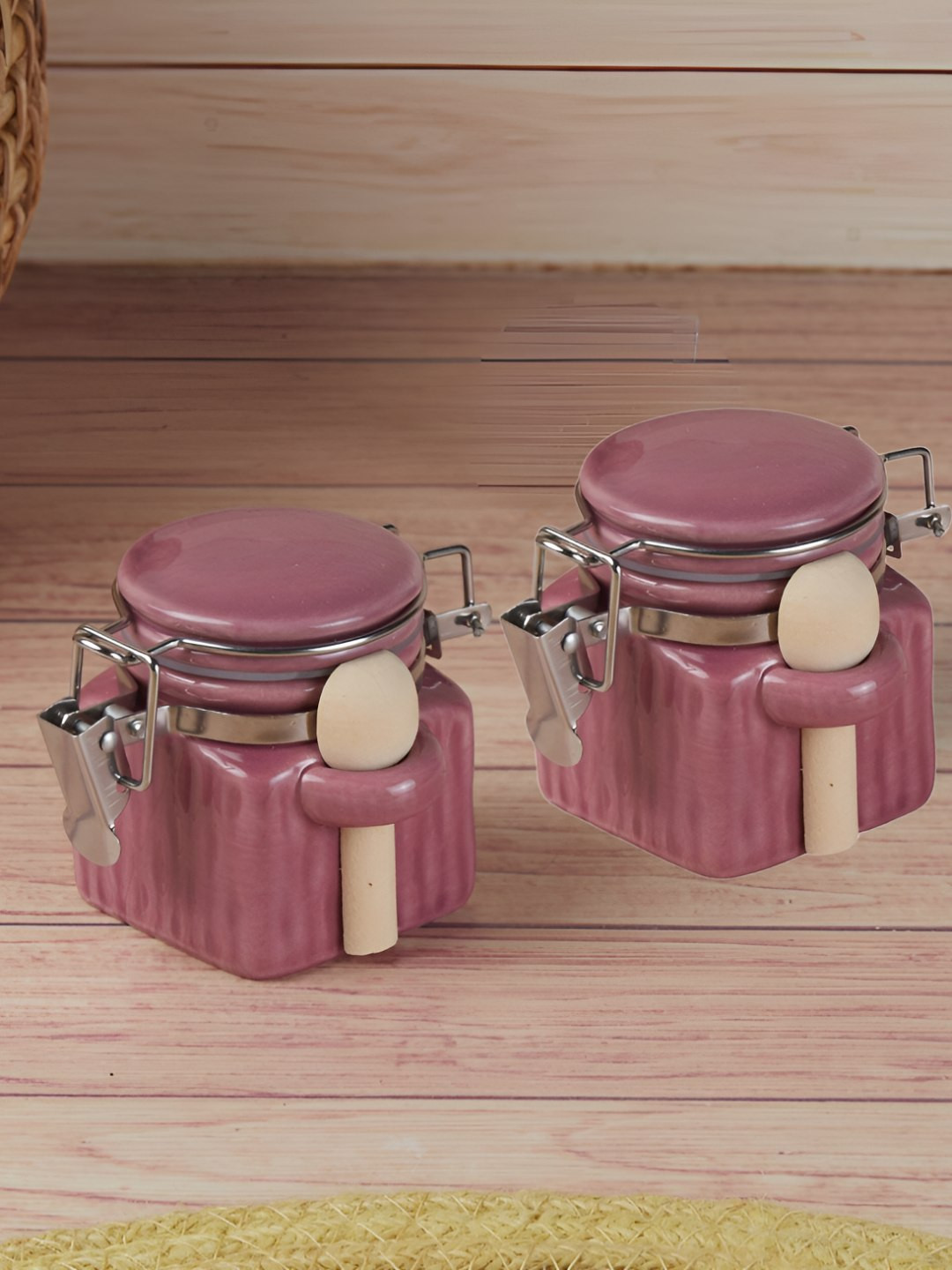 Kookee Pink & Beige 2 Pieces Ceramic Airtight Easy to Clean Jar Container