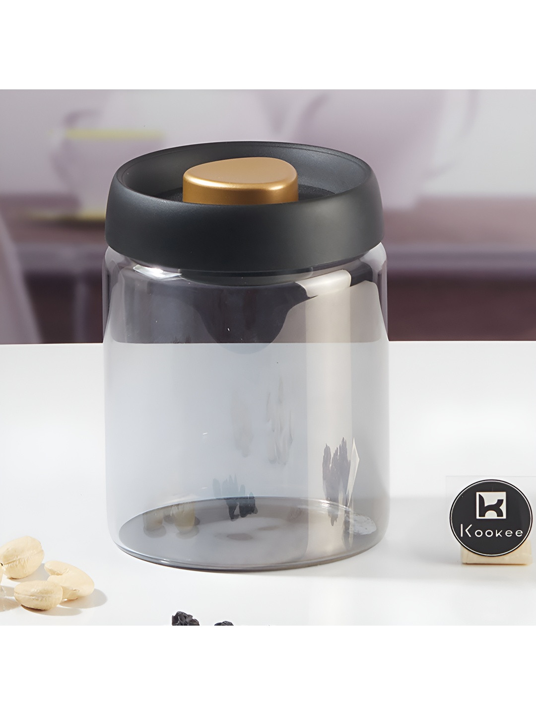 Kookee Grey and Black Airtight  Glass Easy to Clean Canister Container 900 ml