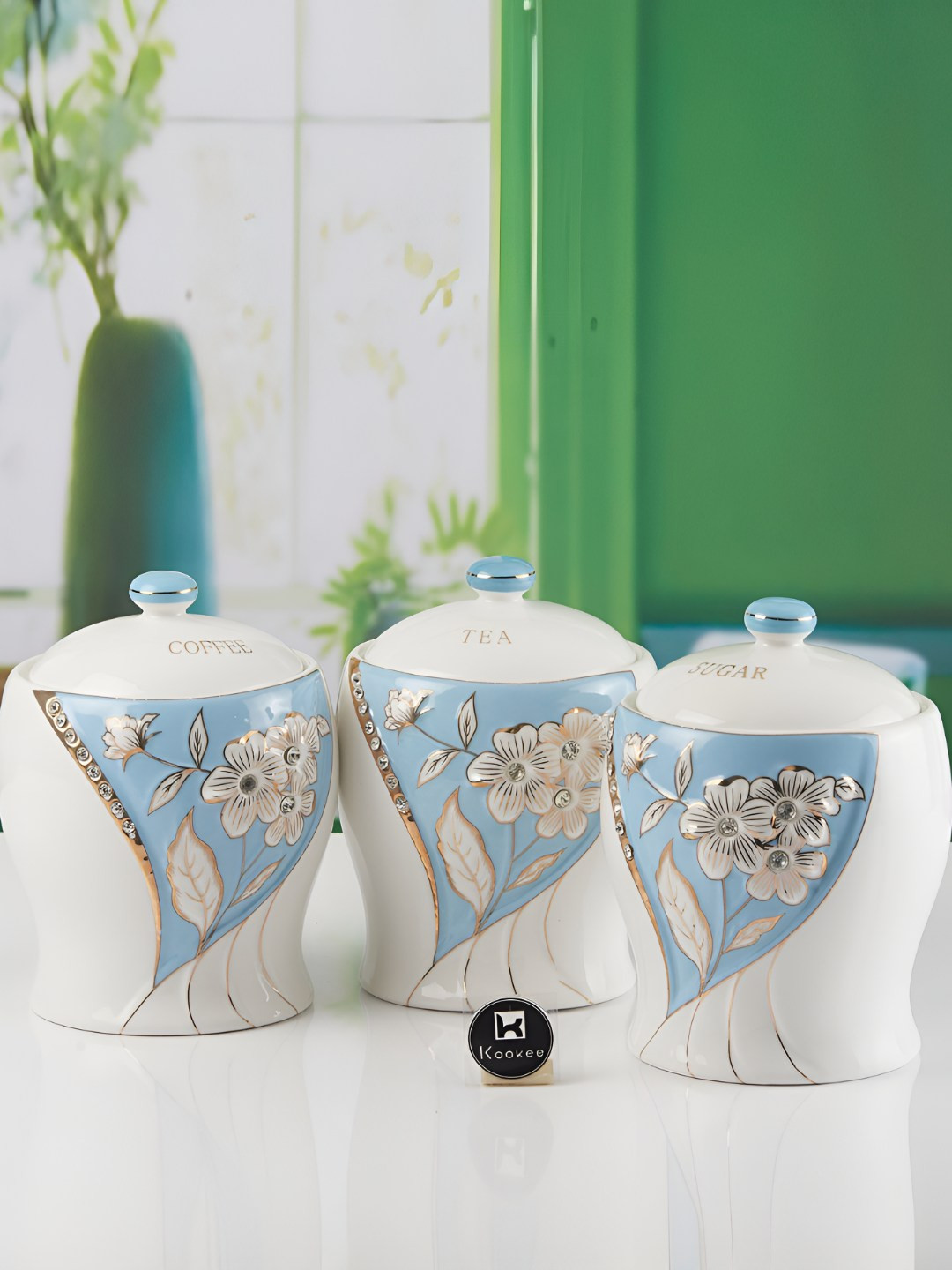 Kookee White & Blue 3 Pieces Printed Ceramic Easy To Clean Canister Container