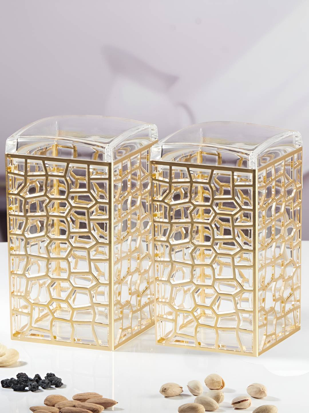 Kookee Transparent & Gold-Toned 2 Pieces Textured Acrylic Easy to Clean Jar Containers