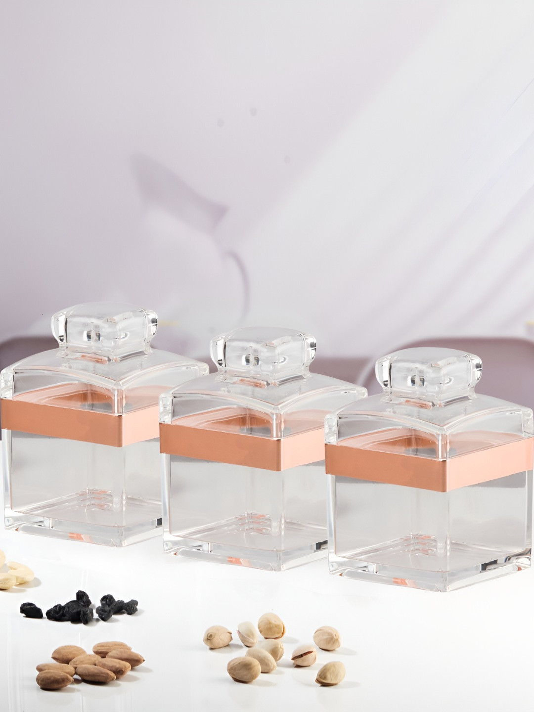 Kookee Transparent & Rose Gold Plated 3 Pcs Airtight Easy to Clean Canister Jar 320ml
