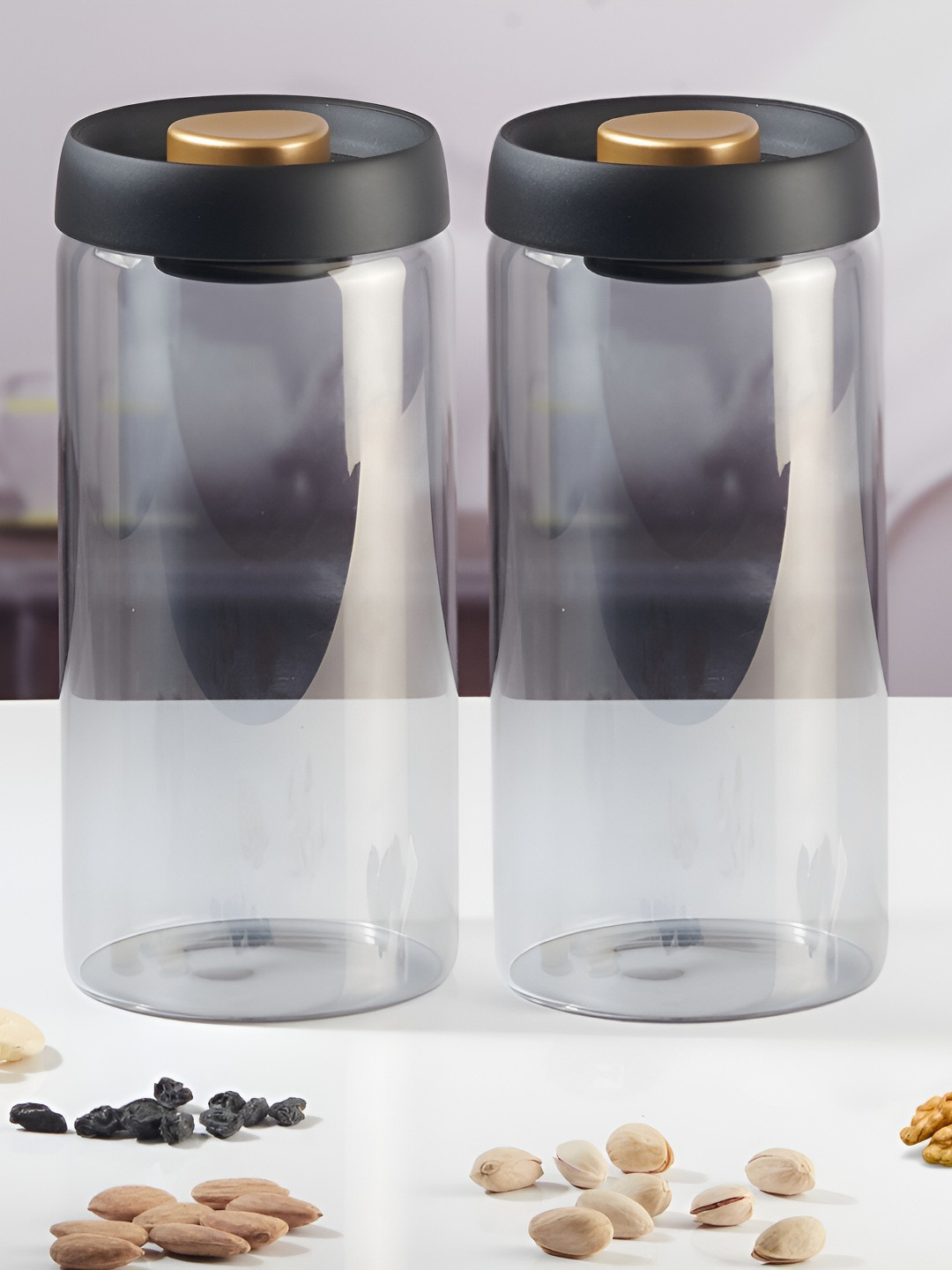 Kookee Grey 2 Pieces Glass Airtight Easy to Clean Canister Containers