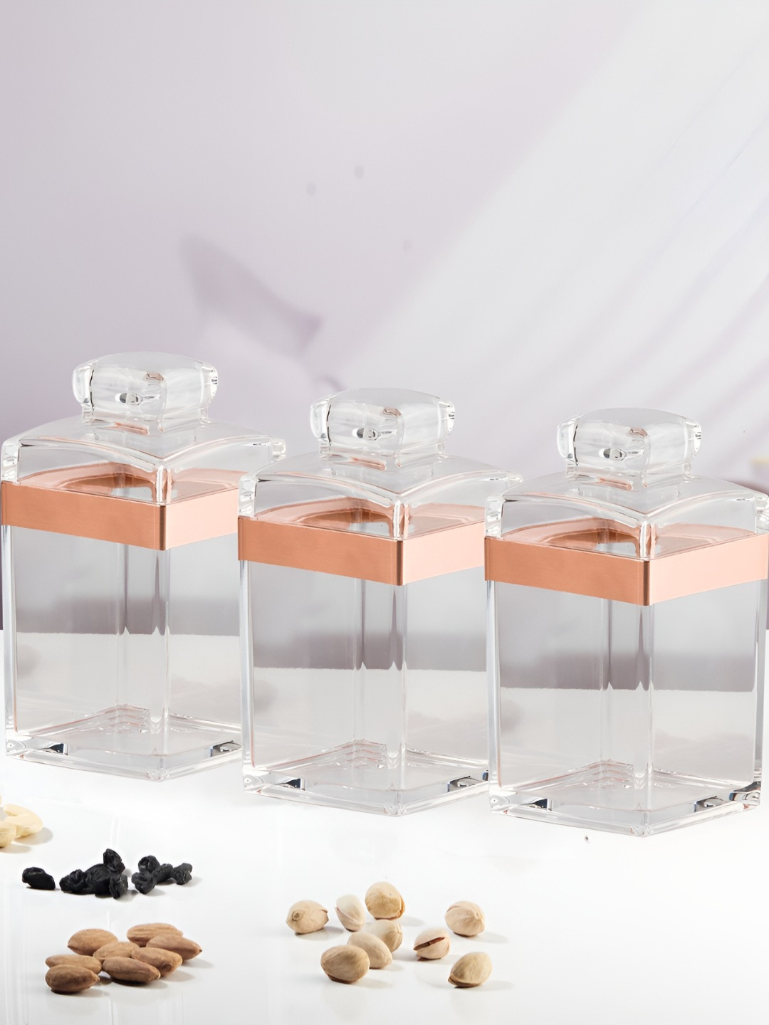 Kookee Transparent & Rose Gold-Toned 3 Pieces Acrylic Easy to Clean Jar Containers 550 ml