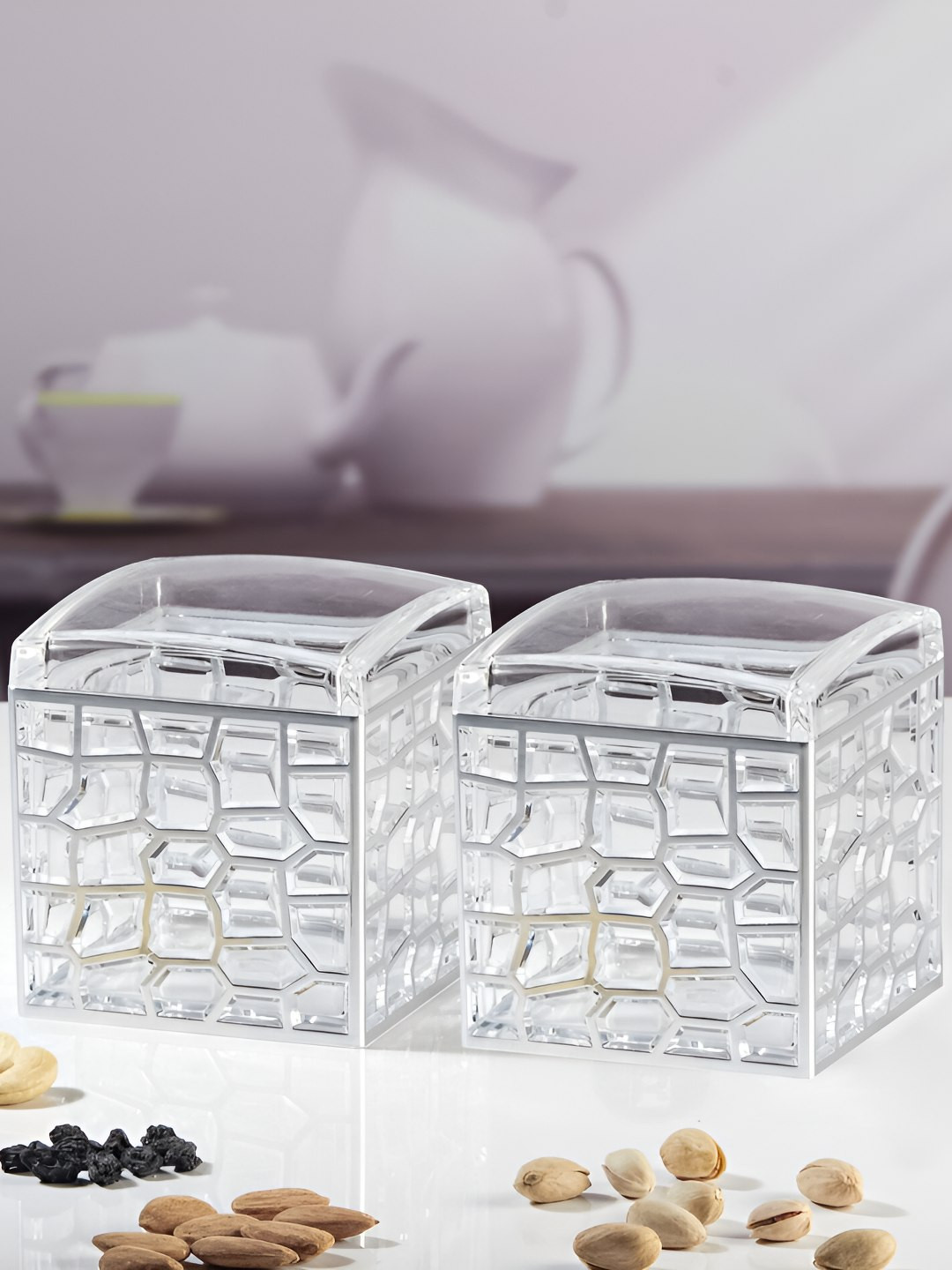 Kookee Transparent and Steel 2 Pieces Acrylic Airtight Canister Containers 600 ml each