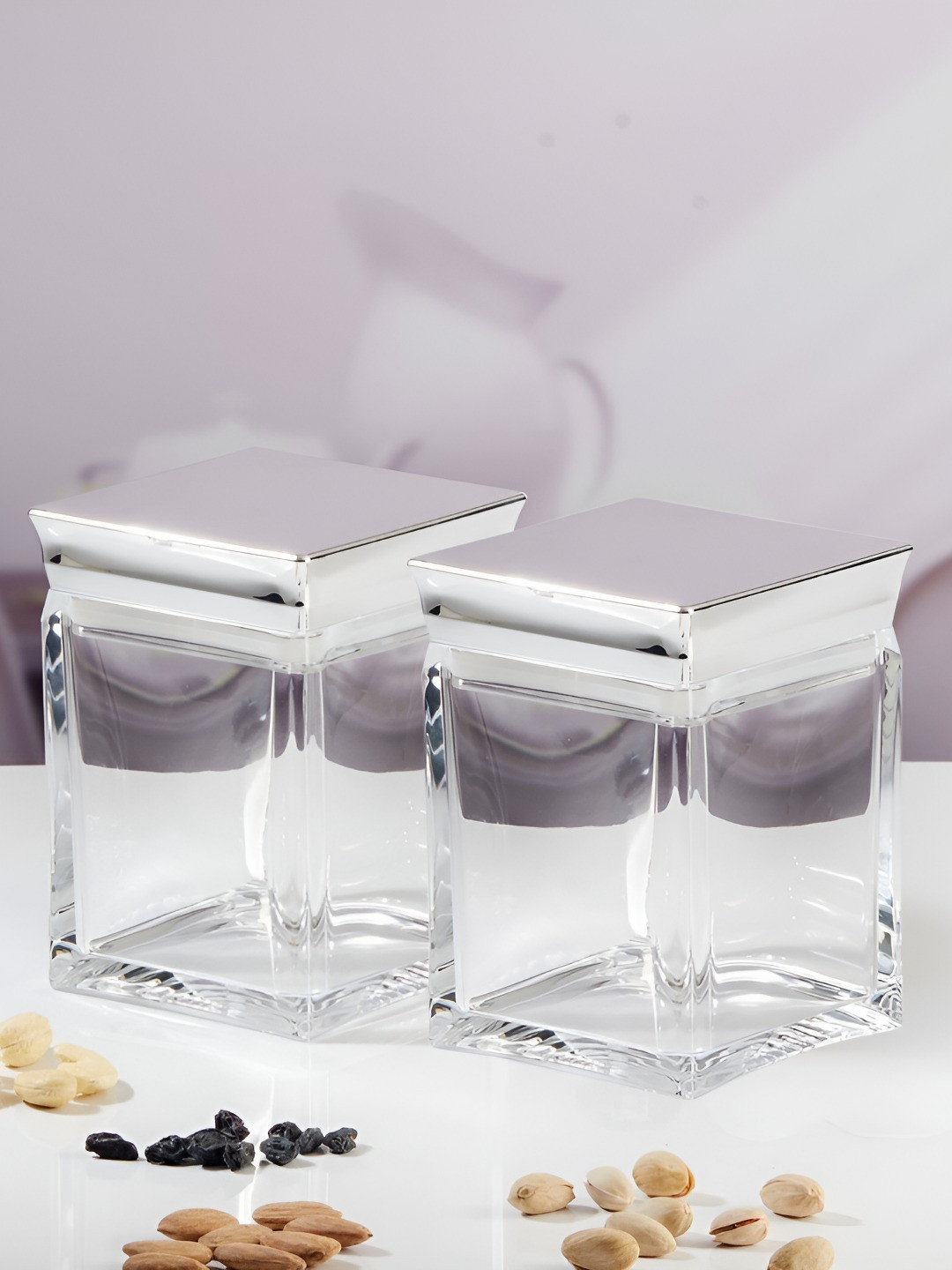 Kookee Transparent and Steel 2 Pieces Acrylic Airtight Canister Containers 800 ml each