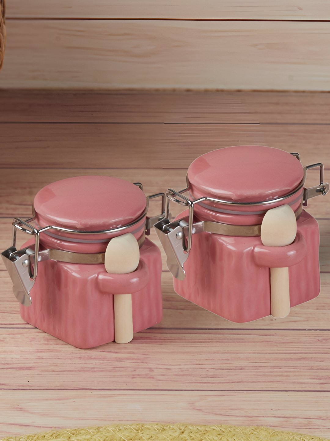 Kookee Pink 2 Pieces Ceramic Easy to Clean Airtight Canister Jar Containers