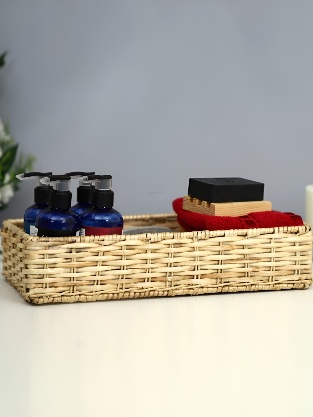 akway Beige Self Design Wicker Basket Bathroom Multi-Utility Organisers