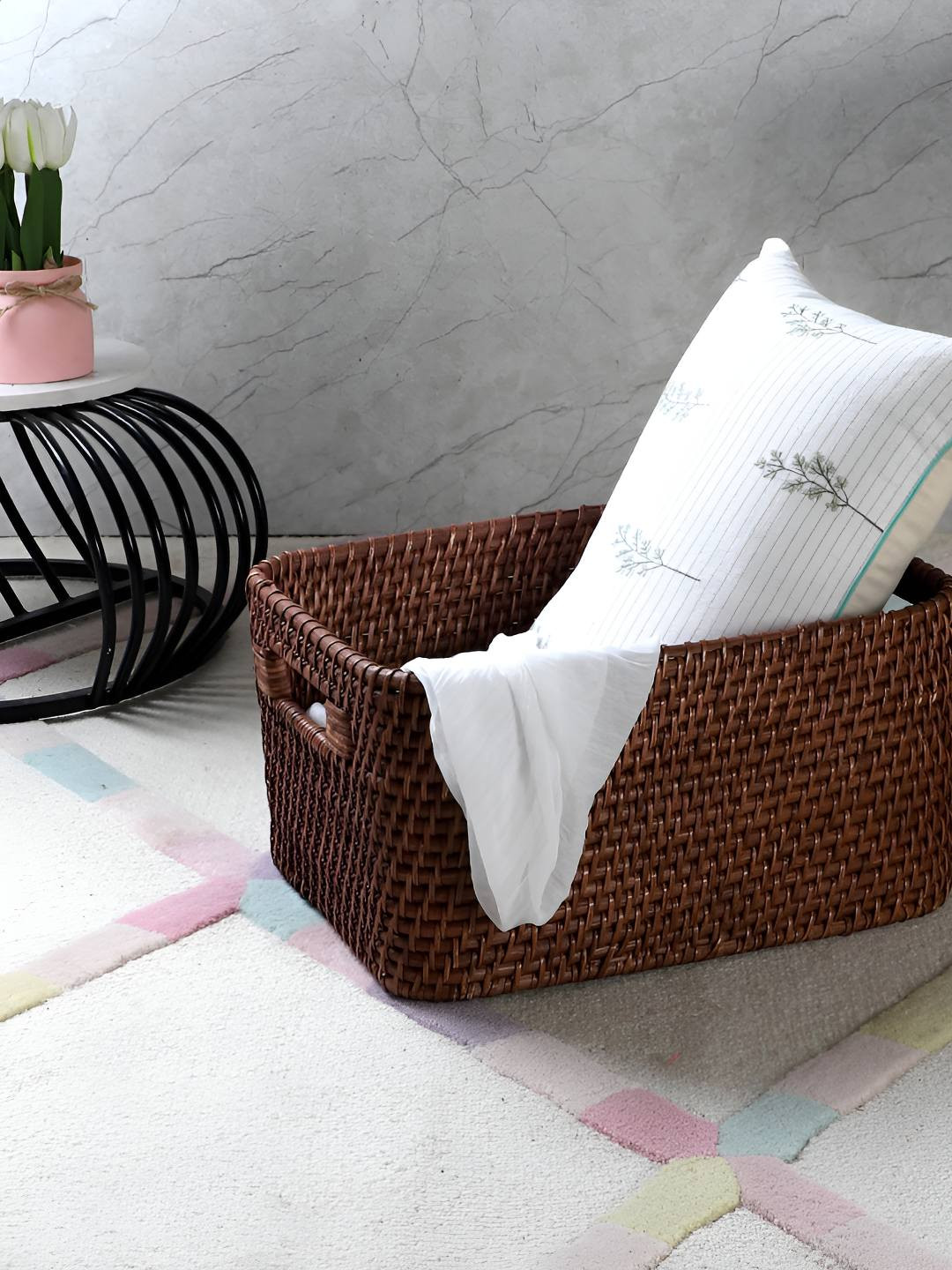 akway Beige Self Design Wicker Basket Kitchen Rattan Multi-Utility Organisers