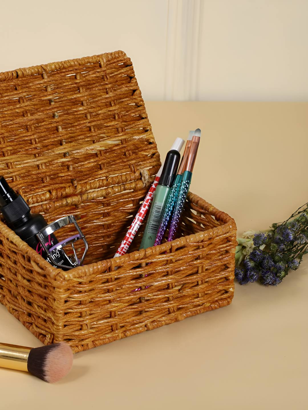 akway Beige Self Design Wicker Basket Multi-Utility Organisers