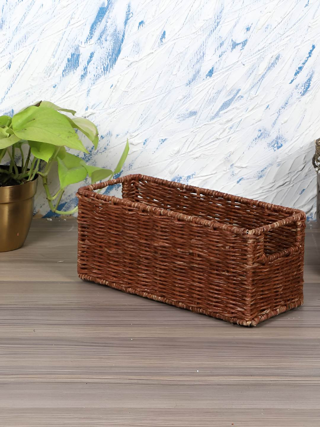 akway Wicker Brown Rattan Core Fruit and Vegetable Rectangular Shape Basket