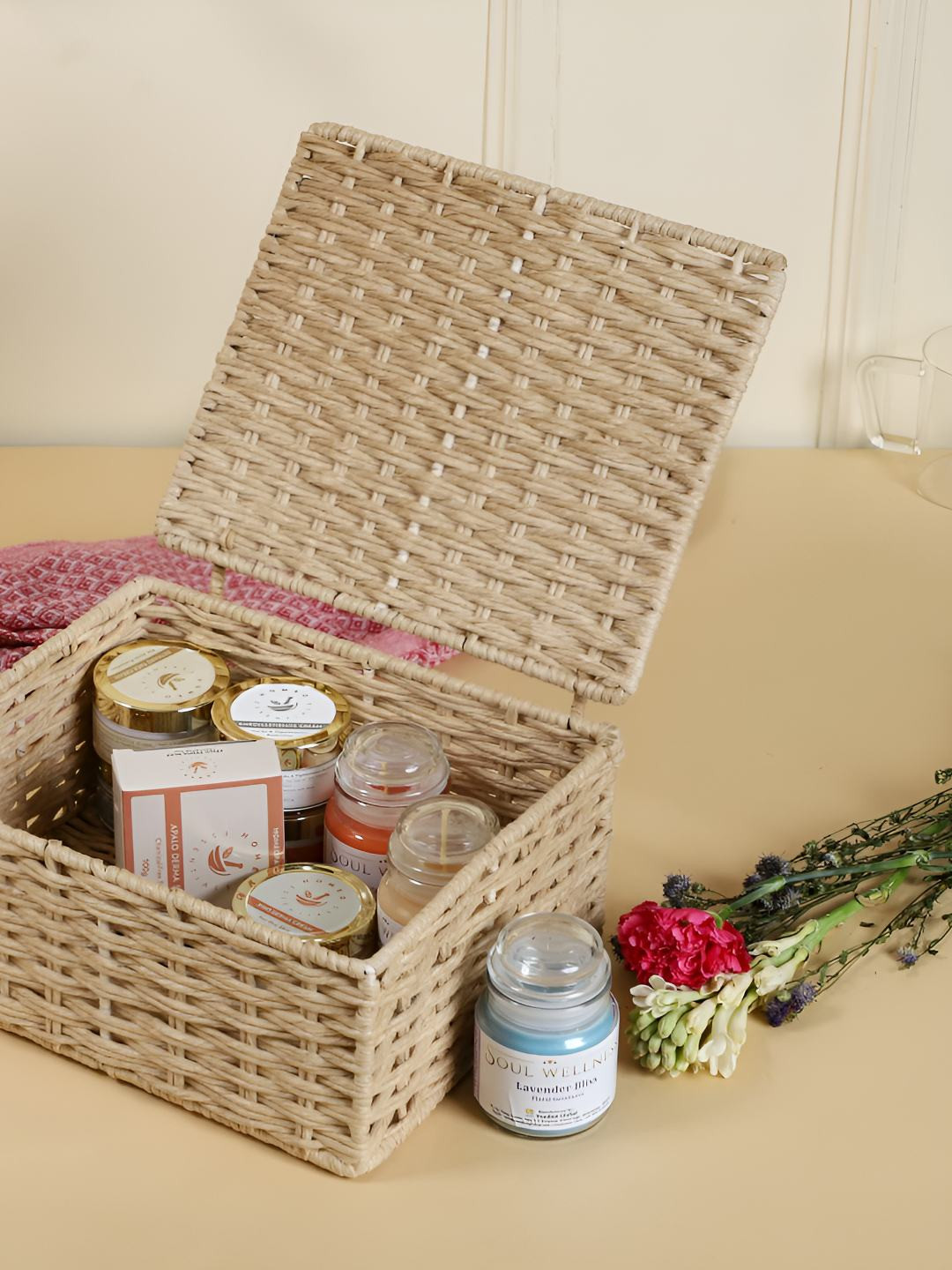 akway Beige Self Design Rectangular Bamboo Cane Multi-Utility Organisers