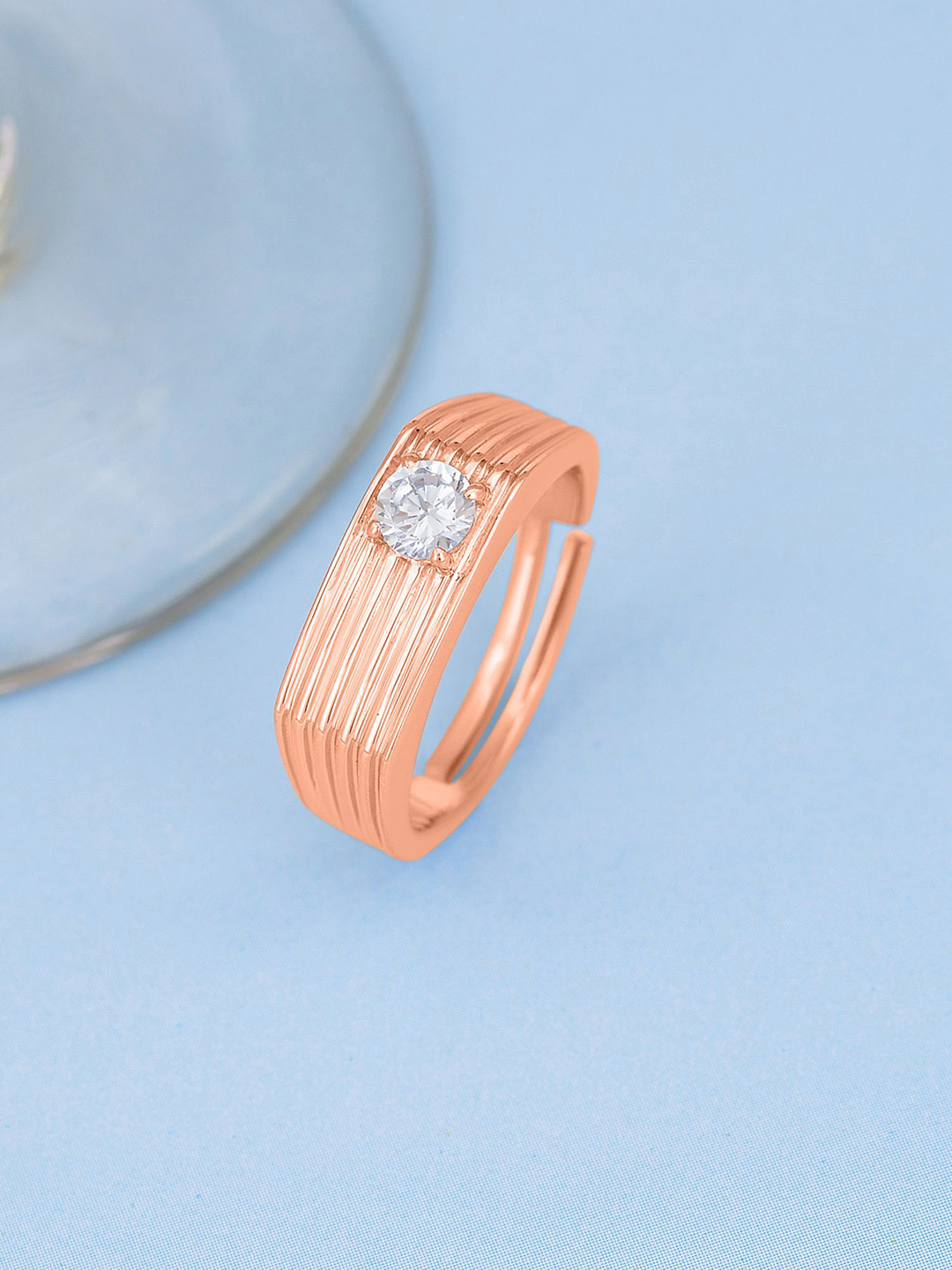 Ornate Jewels Men 925 Silver Rose Gold Plated 1 Carat AD Studded Adjustable Finger Ring