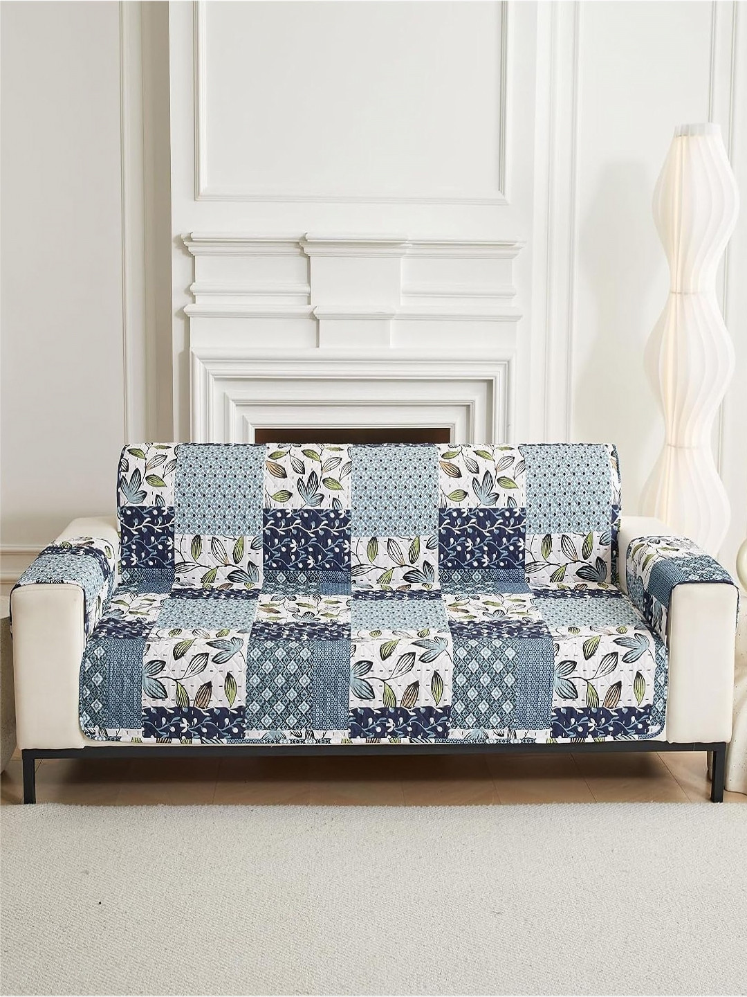 HOUSE OF QUIRK Blue Printed Single Seater Quilted Water-Resistant Sofa Mat With Arms