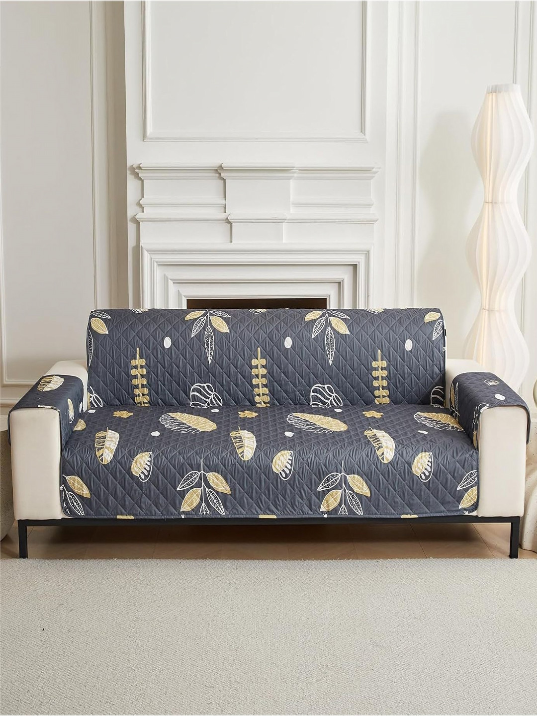 HOUSE OF QUIRK Charcoal & Brown Printed Single Seater Quilted Water-Resistant Sofa Mat