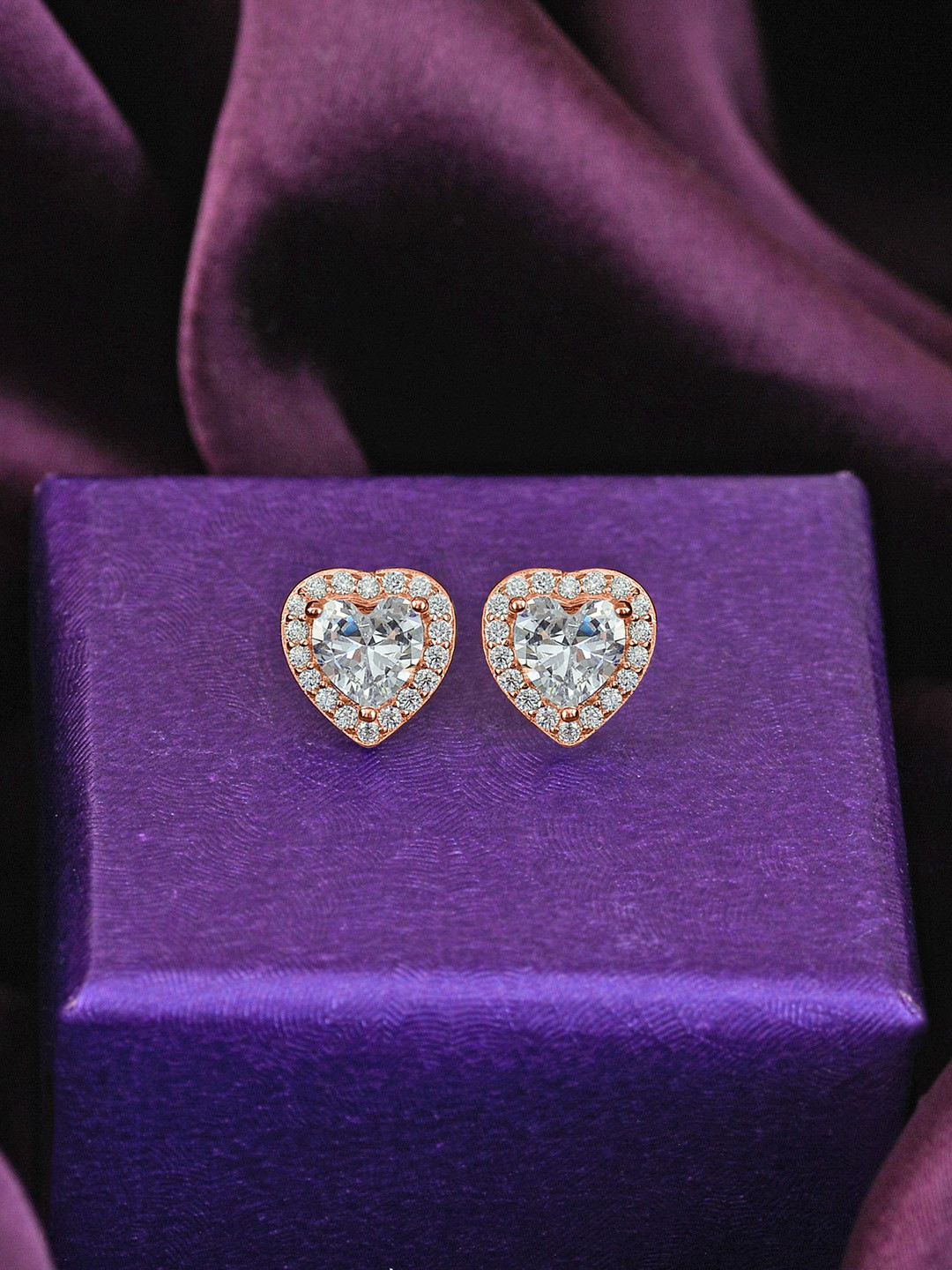 Ornate Jewels 925 Sterling Silver 18K Rose Gold-Plated American Diamond Heart Shaped Studs