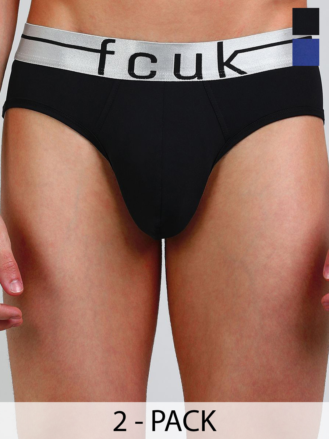 FCUK Pack Of 2 Cotton Basic Briefs MERSEY-BBLUE DEPTHS-JET BLACKS
