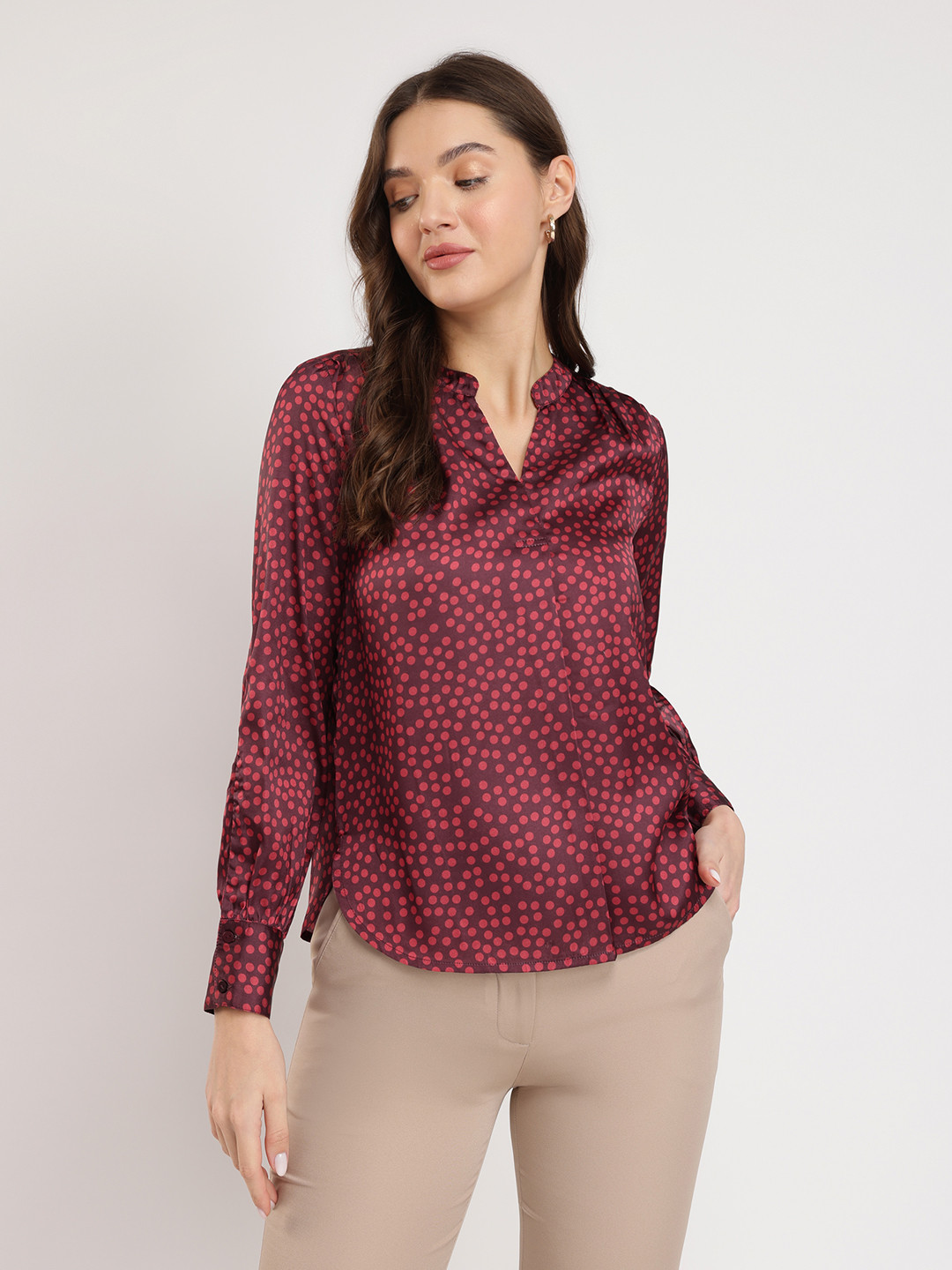 FableStreet Polka Dot Print Satin Maroon Top