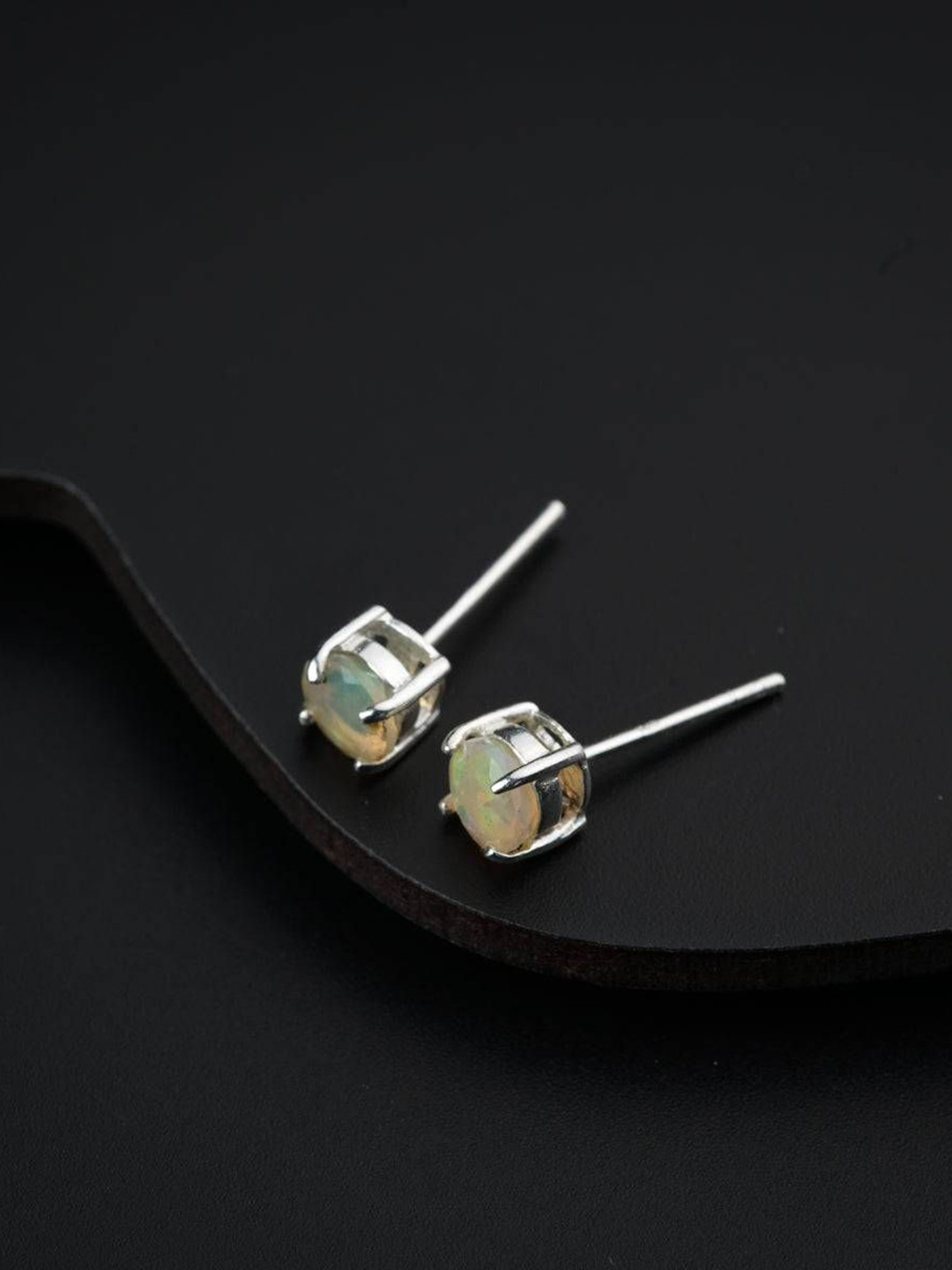 House of Aadyaa 925 Sterling Silver Opal Stone Studded Circular Shaped Cut Studs