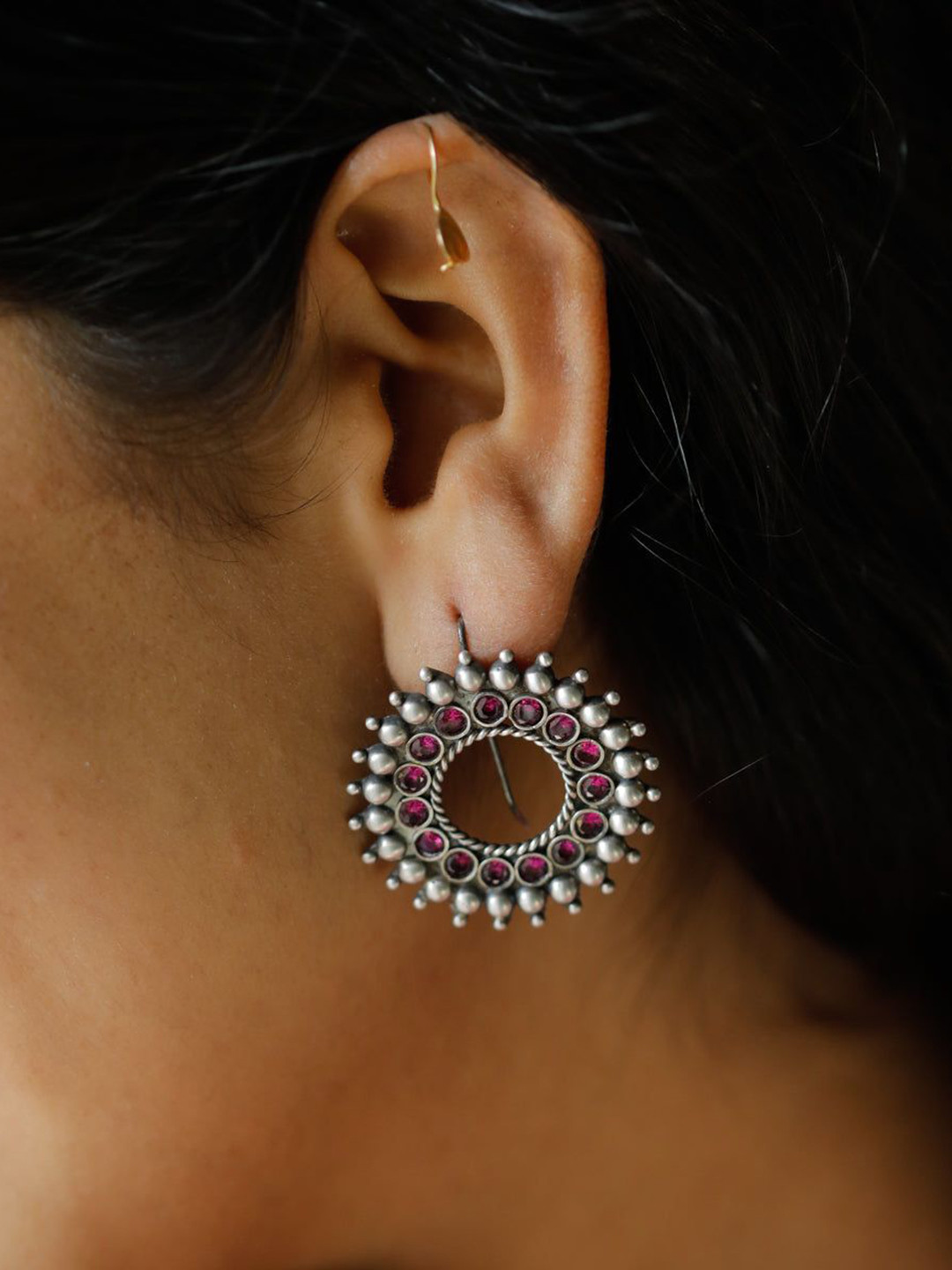 House of Aadyaa 925 Sterling Silver Oxidised Circular Drop Earrings