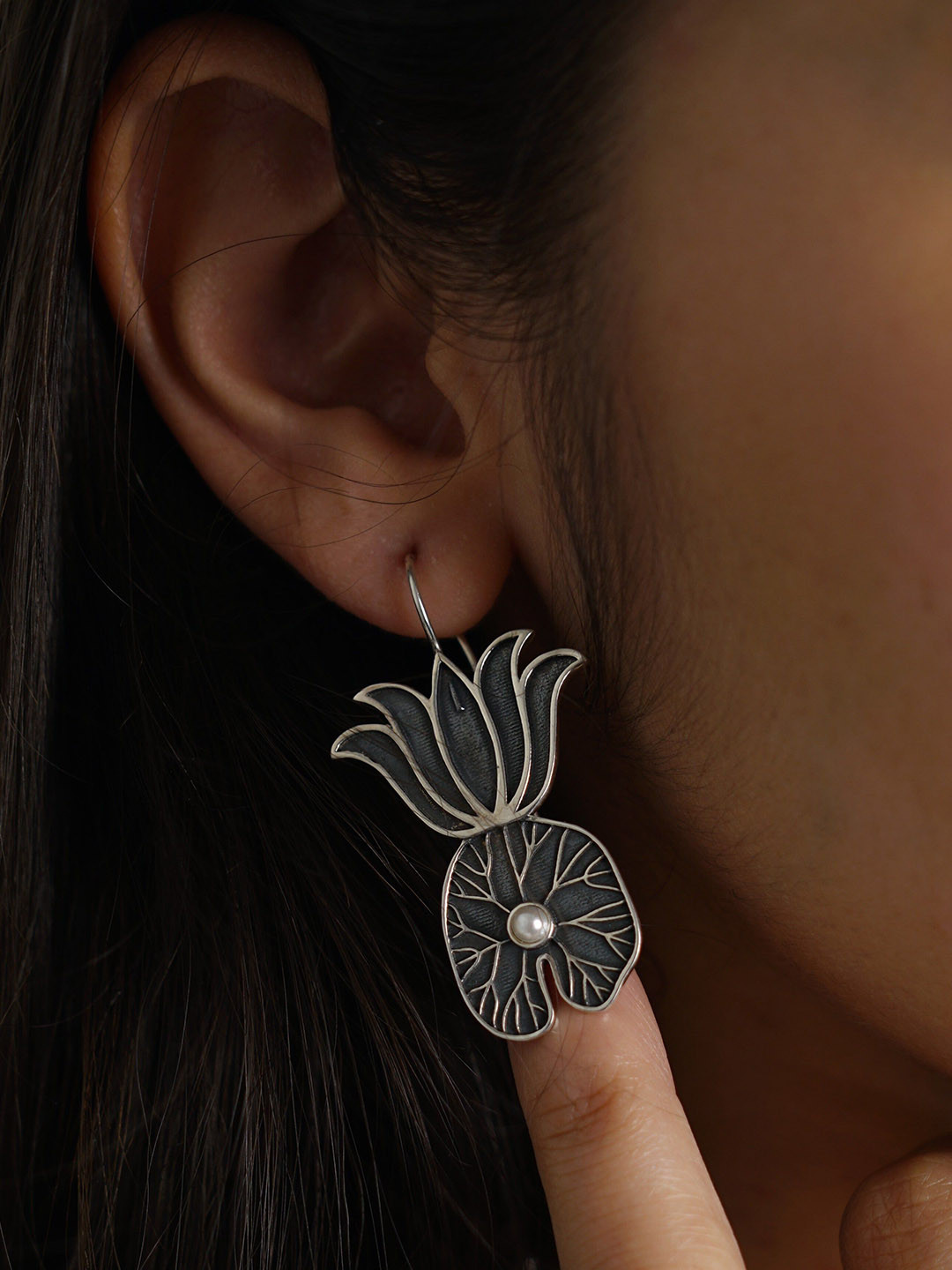 House of Aadyaa 925 Sterling Silver Lotus and Lotus Leaf Oxidised Drop Earrings