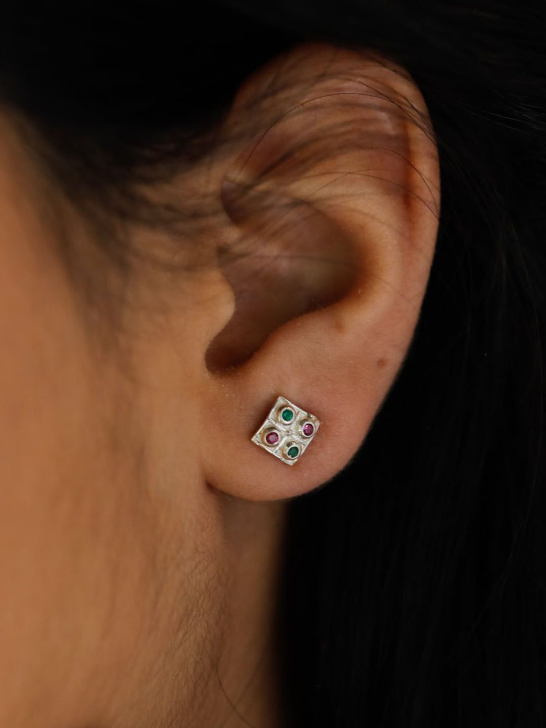 House of Aadyaa 925 Sterling Silver Oxidised Stones Square Shaped Studs