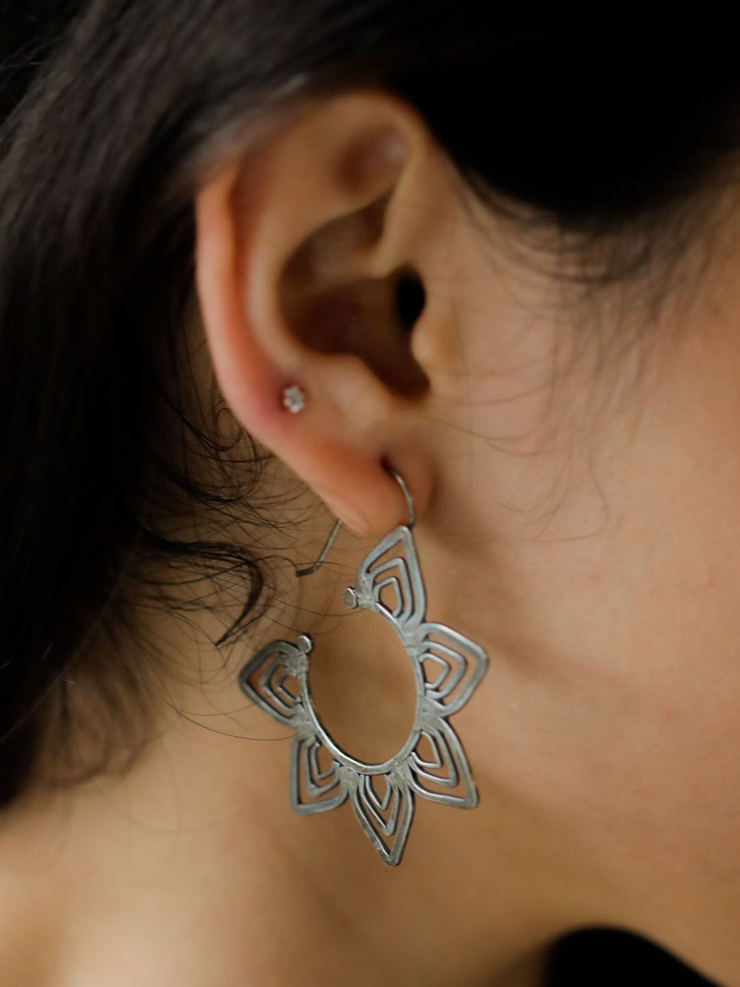 House of Aadyaa 925 Sterling Silver Kumudini ( Lily ) Hammered Drop Earrings