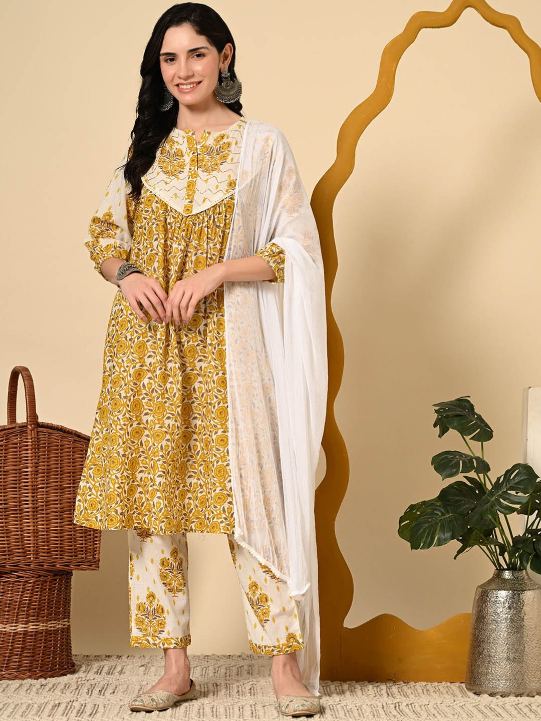 Netreyam Floral Printed Empire Notch-Neck A-Line Kurta With Trousers And Dupatta