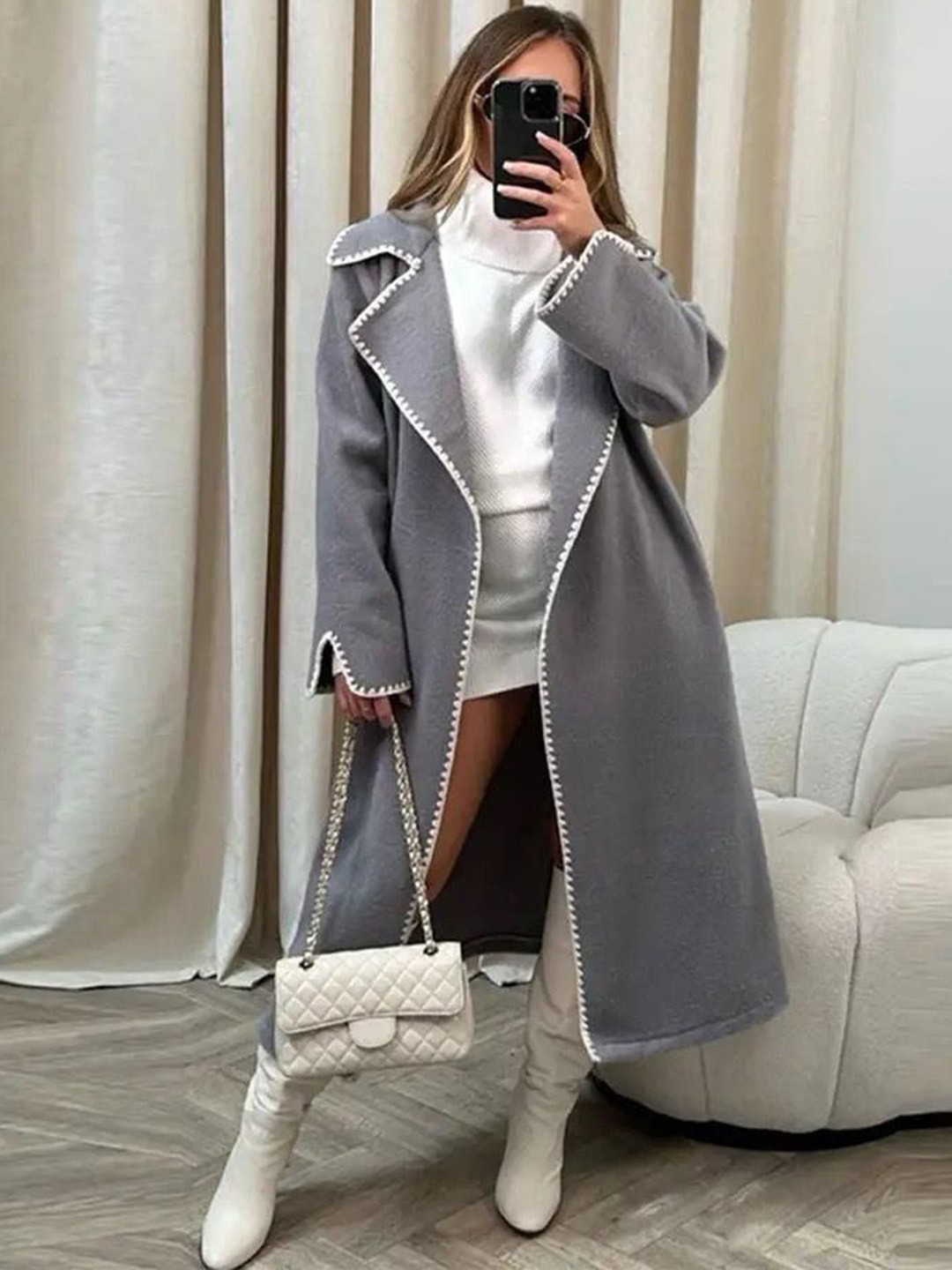 Miss Mosa By Akanksha  Women Grey Brussels Luxe Oversized Coat