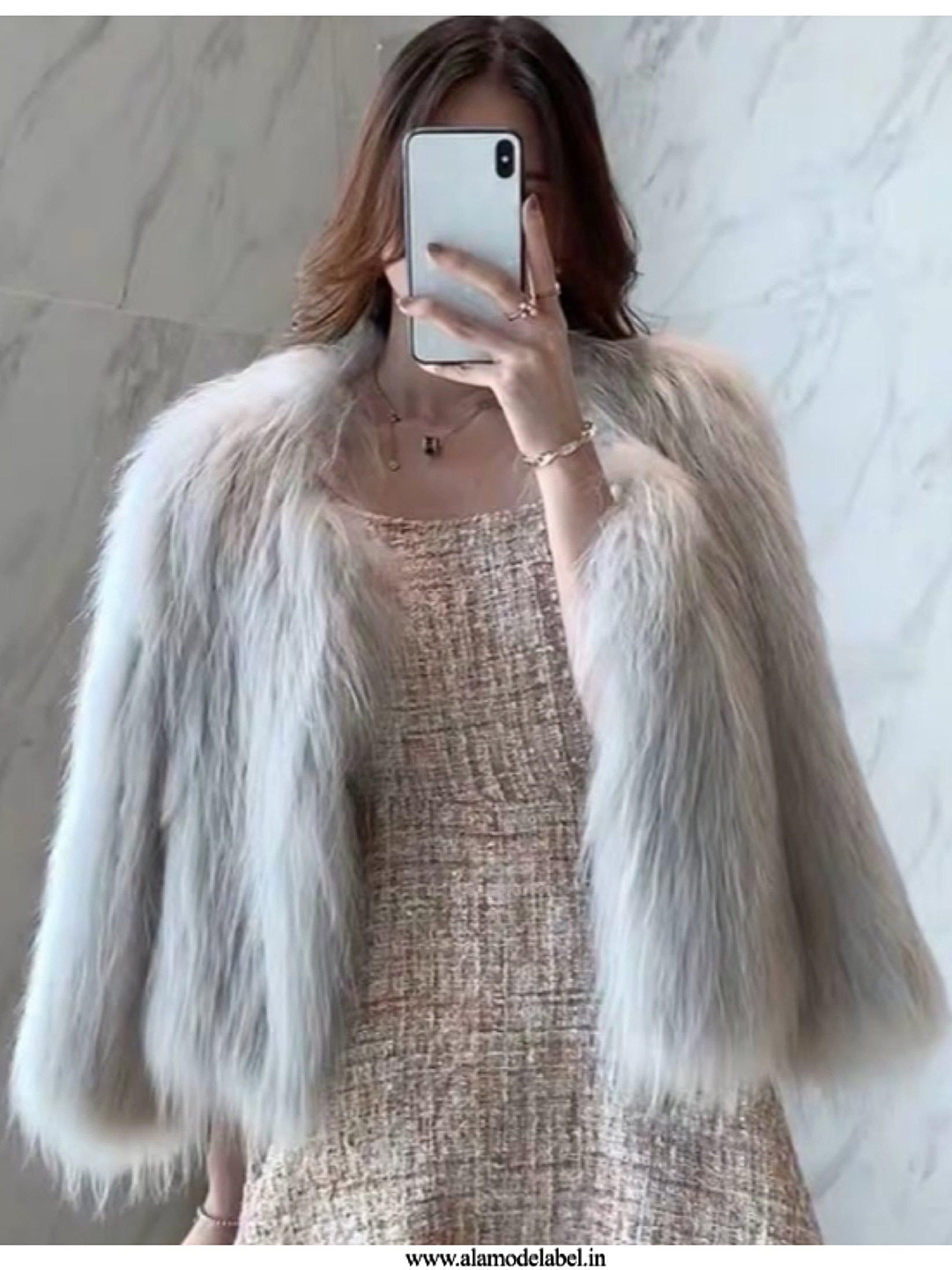 Miss Mosa By Akanksha  Women Grey Tesky Luxury Fur Coats