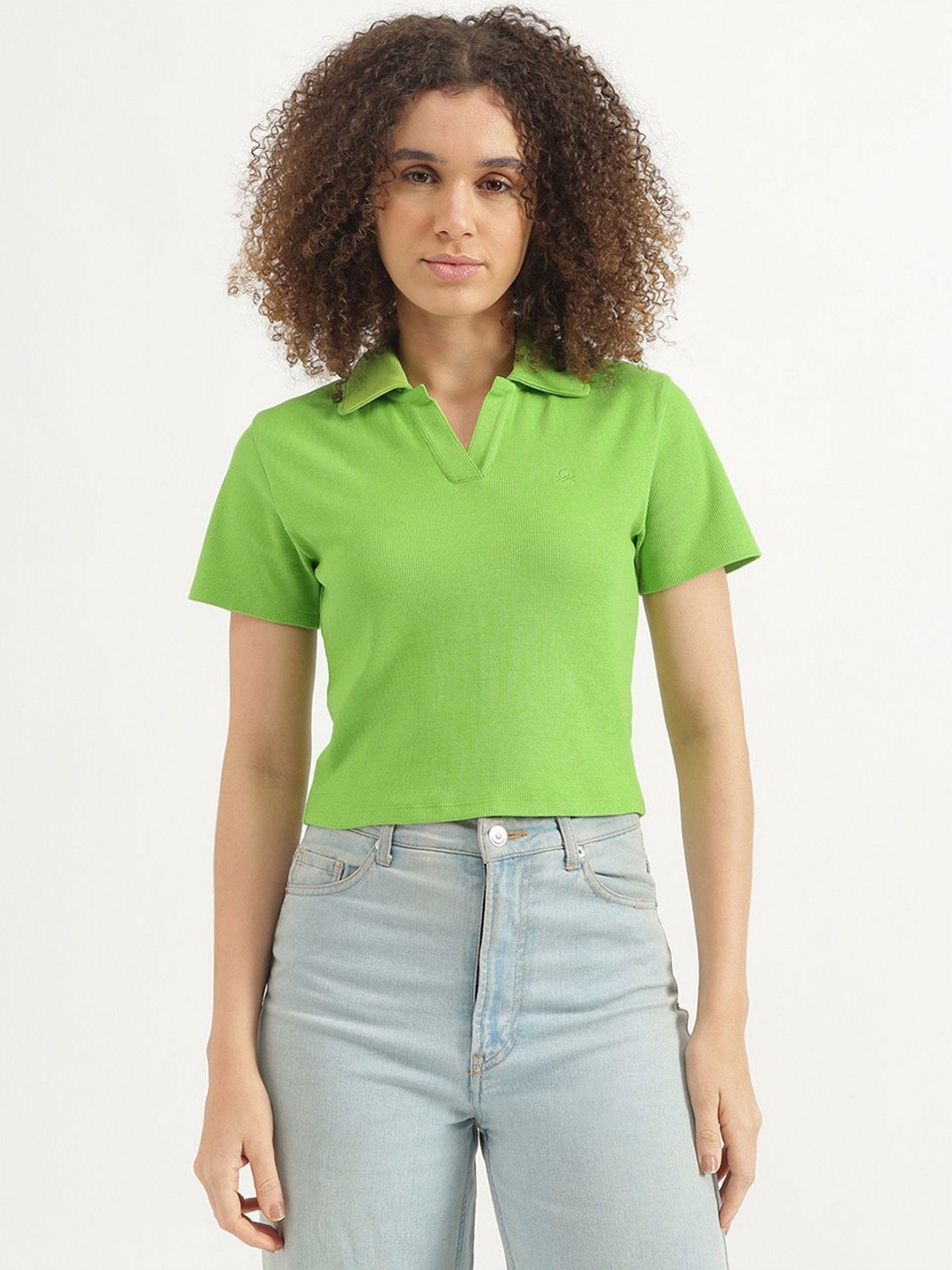 United Colors of Benetton Women Solid Polo Collar Cotton T-shirt