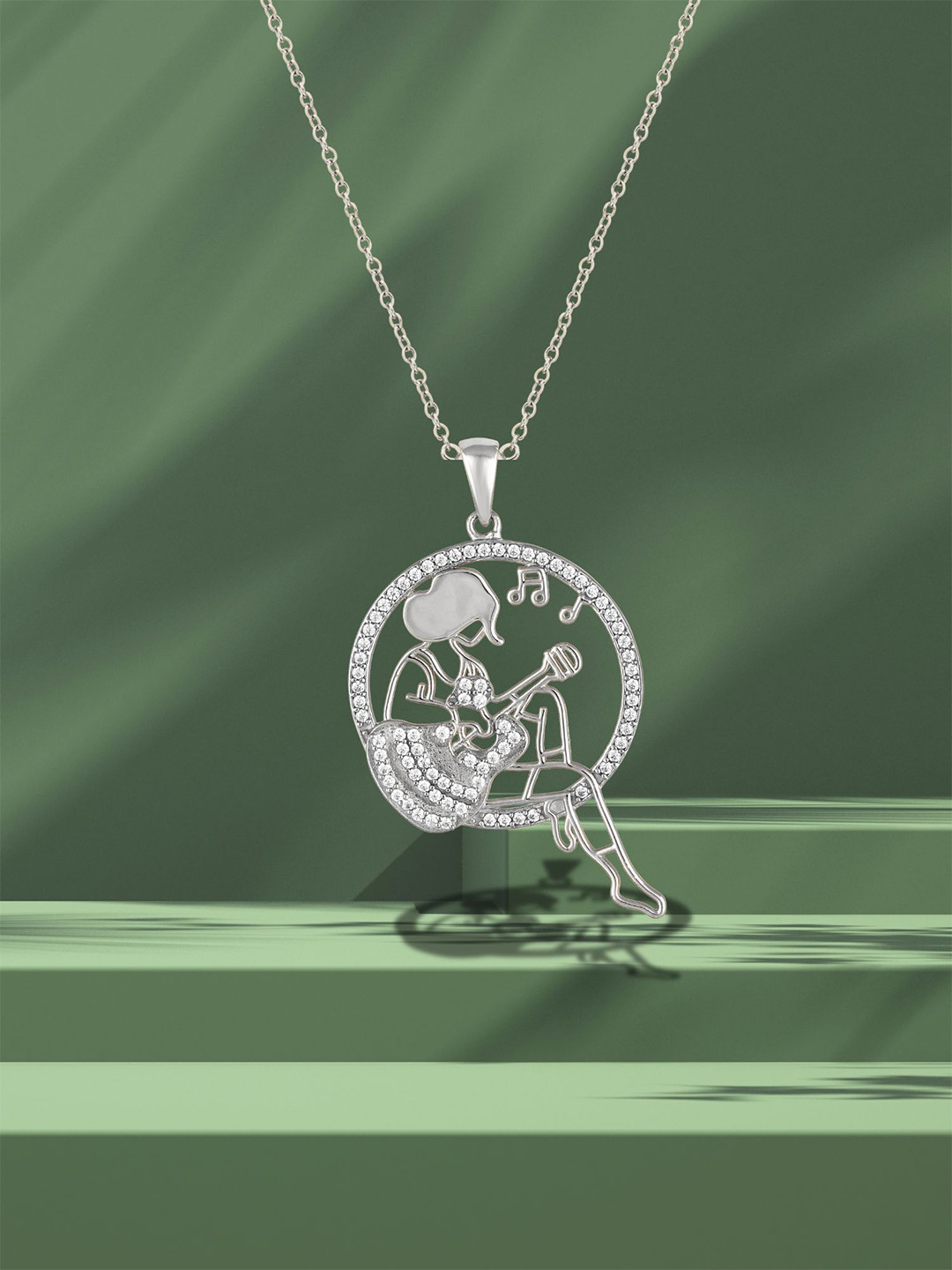 Luxevogue 925 Sterling Silver Rhodium-Plated CZ Studded Guitar Pendant