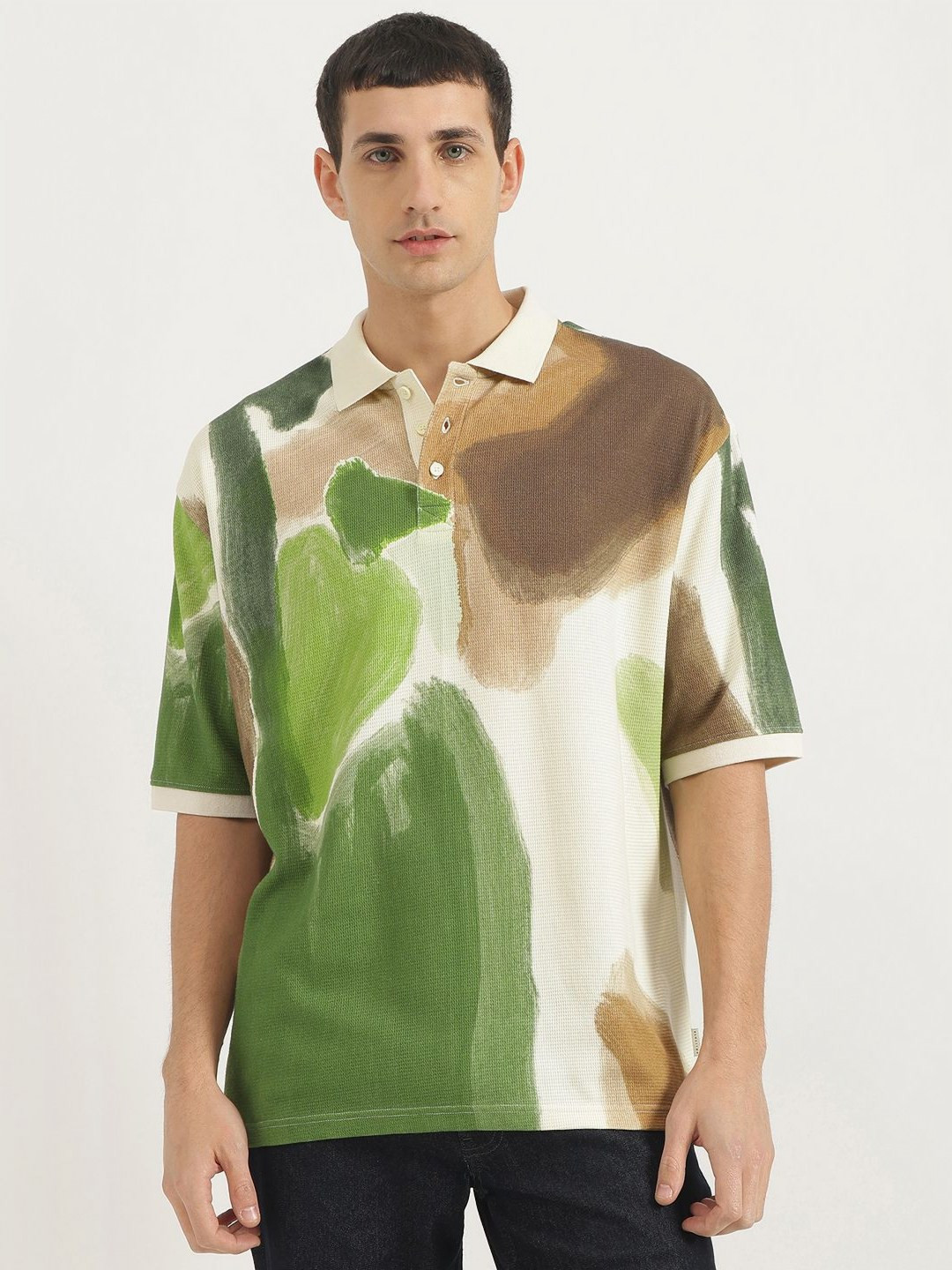 United Colors of Benetton Men Abstract Printed Polo Collar Pure Cotton Relaxed Fit T-shirt