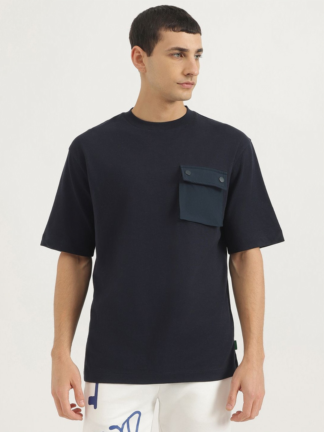 United Colors of Benetton Men Self Design Round Neck Cotton Relaxed Fit T-shirt