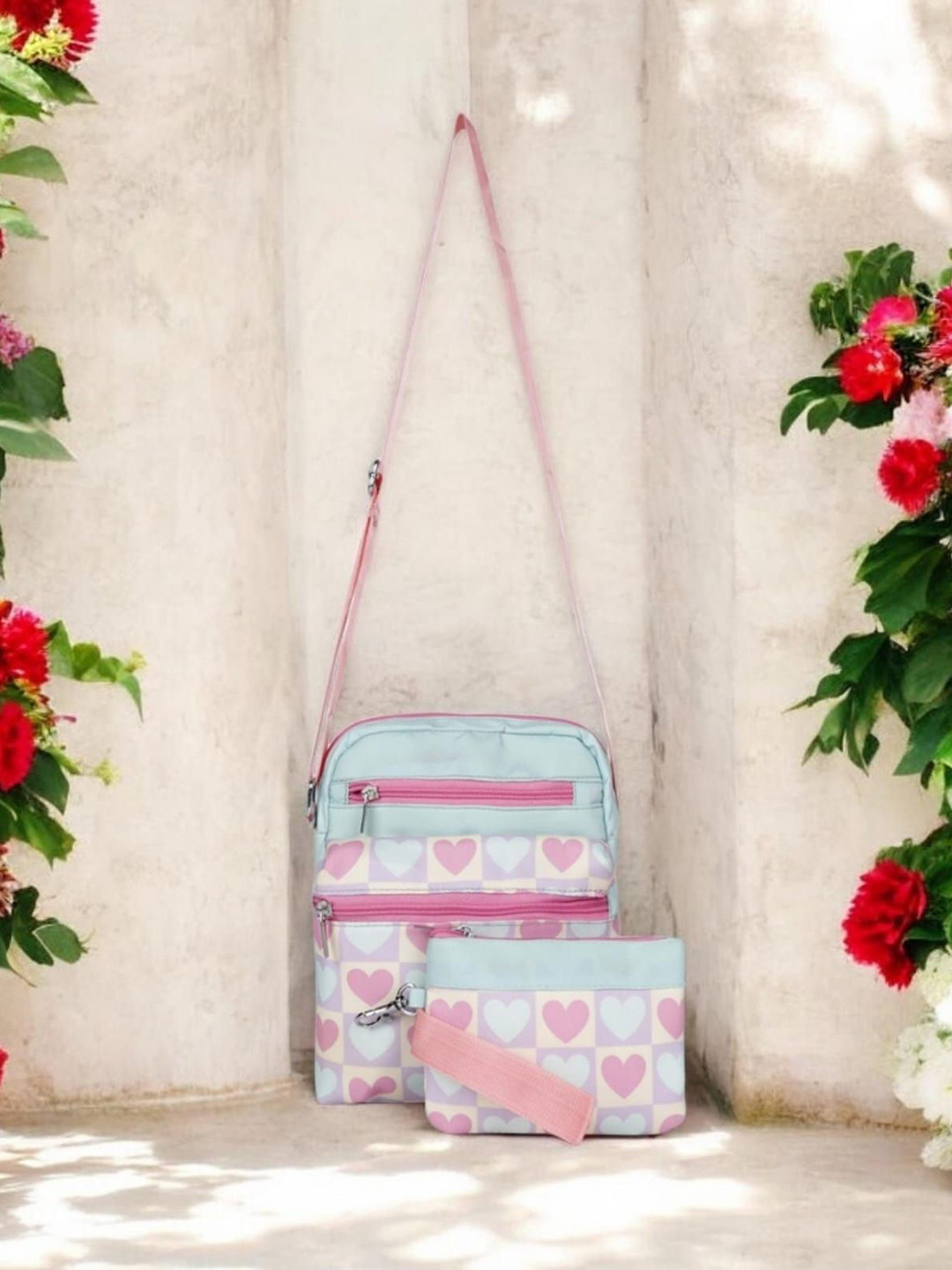 ASTRID Heart Printed Structured Sling Bag With Detachable Pouch