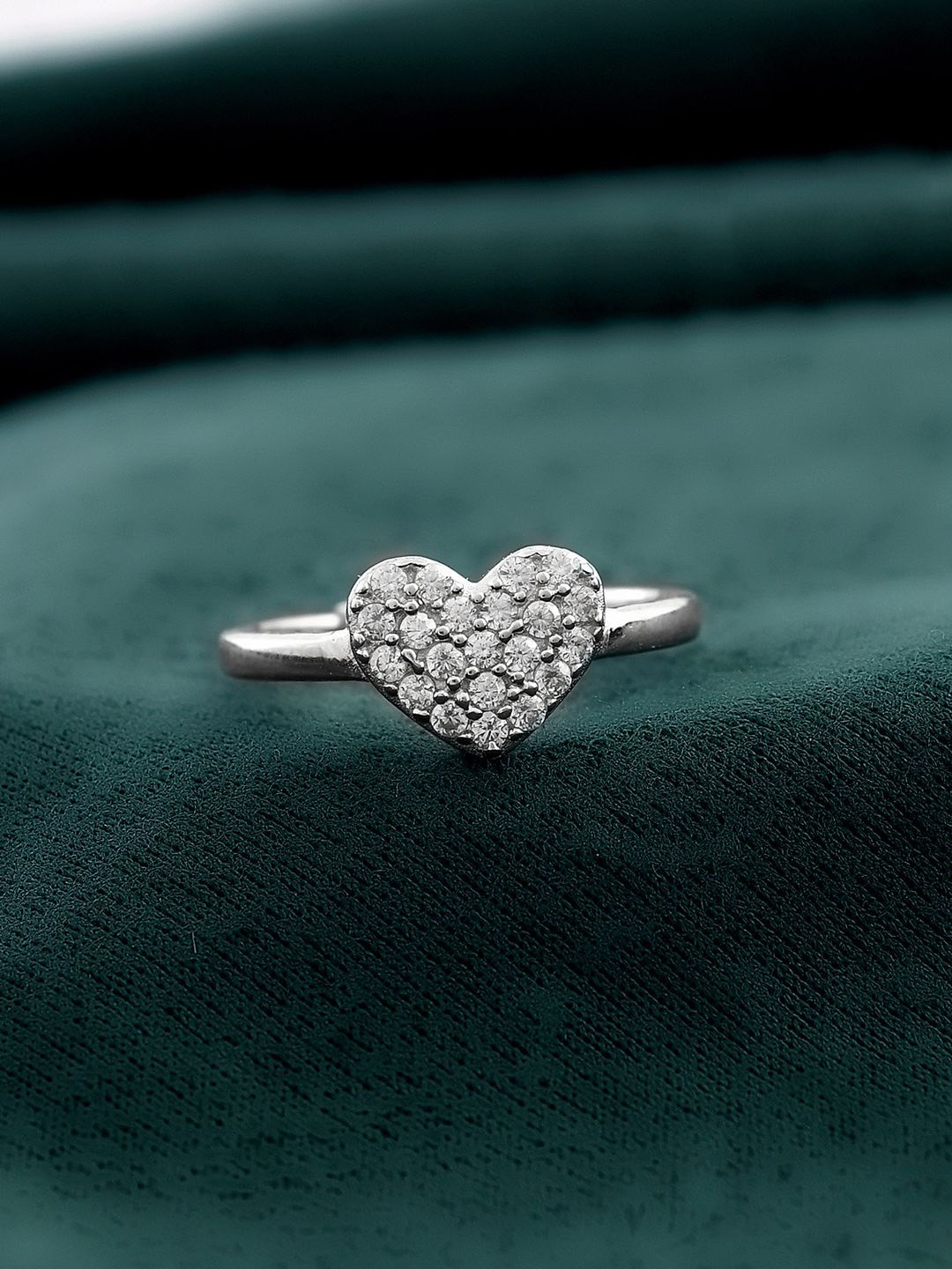 Studio Voylla Sterling Silver Rhodium-Plated AD-Studded Timeless Heart Finger Ring