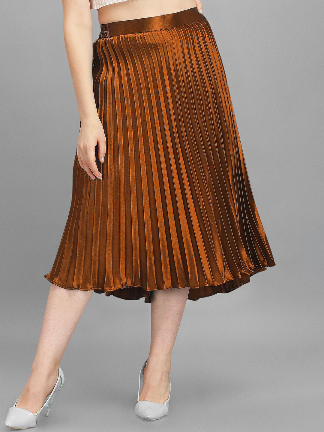 ZWERLON Women A-Line Pleated Flared Satin Midi Skirt