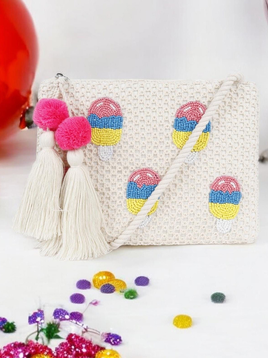 ASTRID Icecream Handbeaded Embellished Structured Cotton Sling Bag