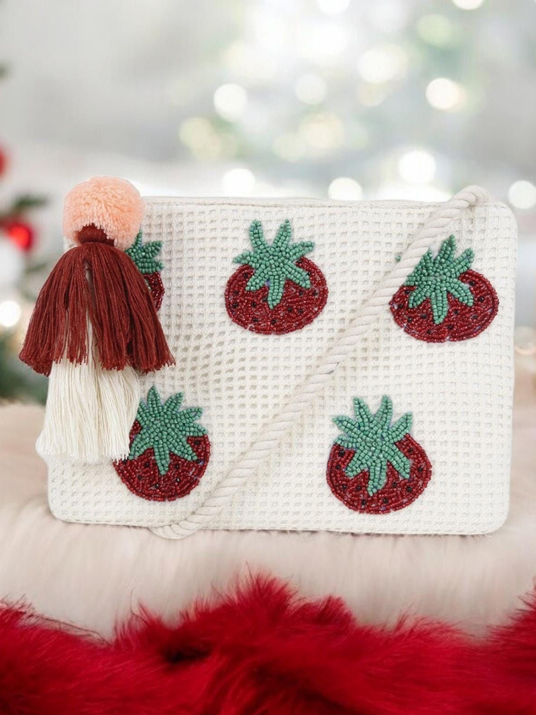 ASTRID Tomato Handbeaded Embellished Structured Cotton Sling Bag