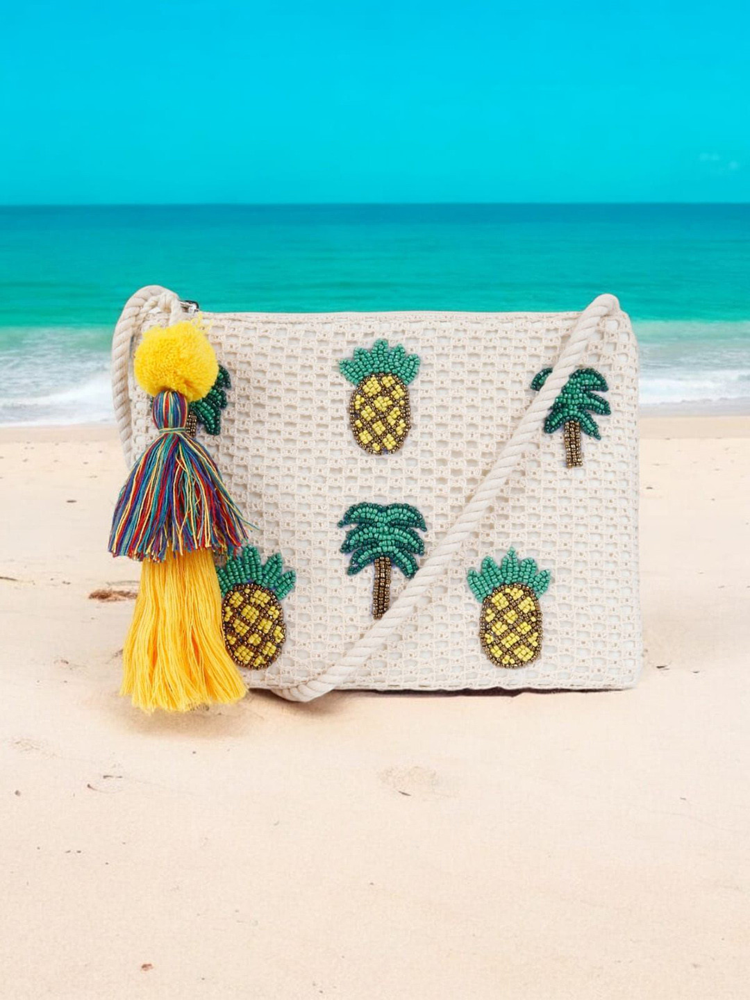 ASTRID Pineapple Handbeaded Embellished Structured Cotton Sling Bag