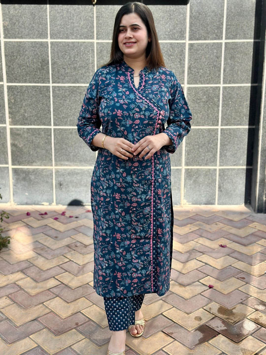 Vijaylaxmi Ethnic for Everyday Floral Angrakha Kalamkari Pure Cotton Kurta With Trouser