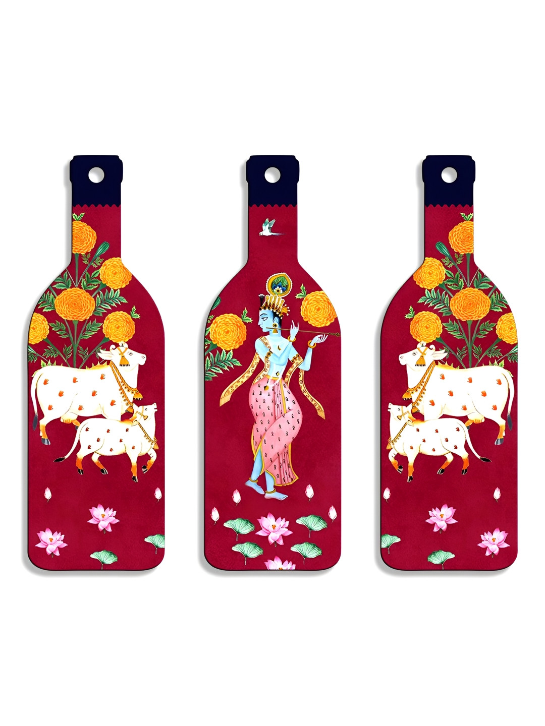 SEHAZ ARTWORKS Wood Floral Matte Hanging Hall 3Pcs Spiritual Wall Decor-10.6In