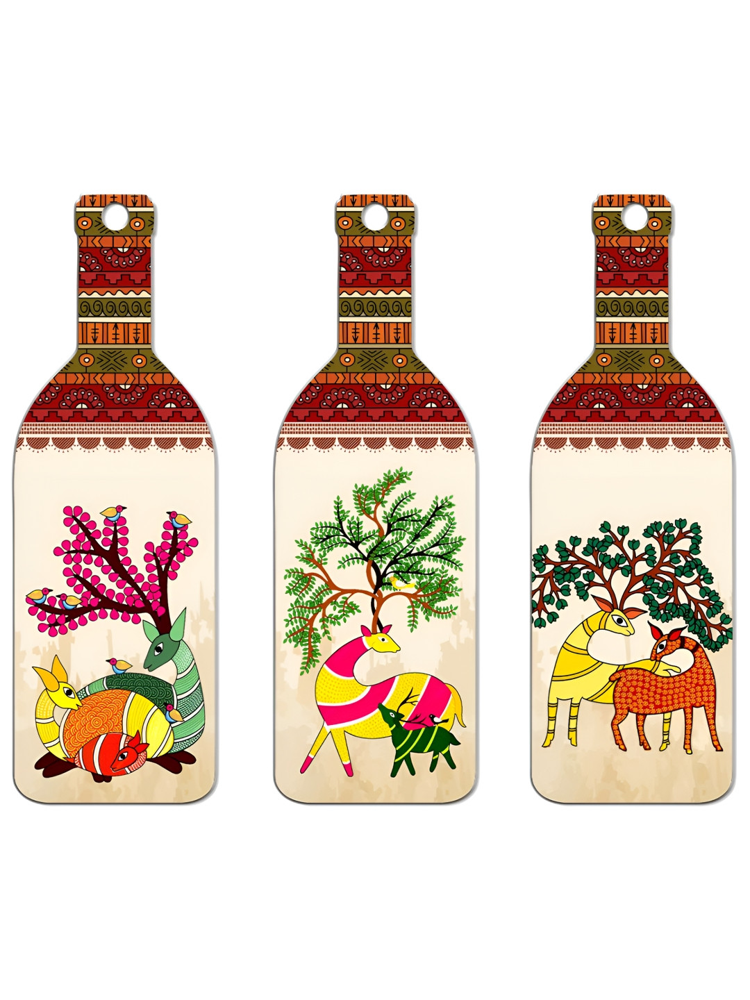 SEHAZ ARTWORKS Wood Ethnic Motifs Matte Wall Mounted Hall 3Pcs Wall Hangings-10.6In